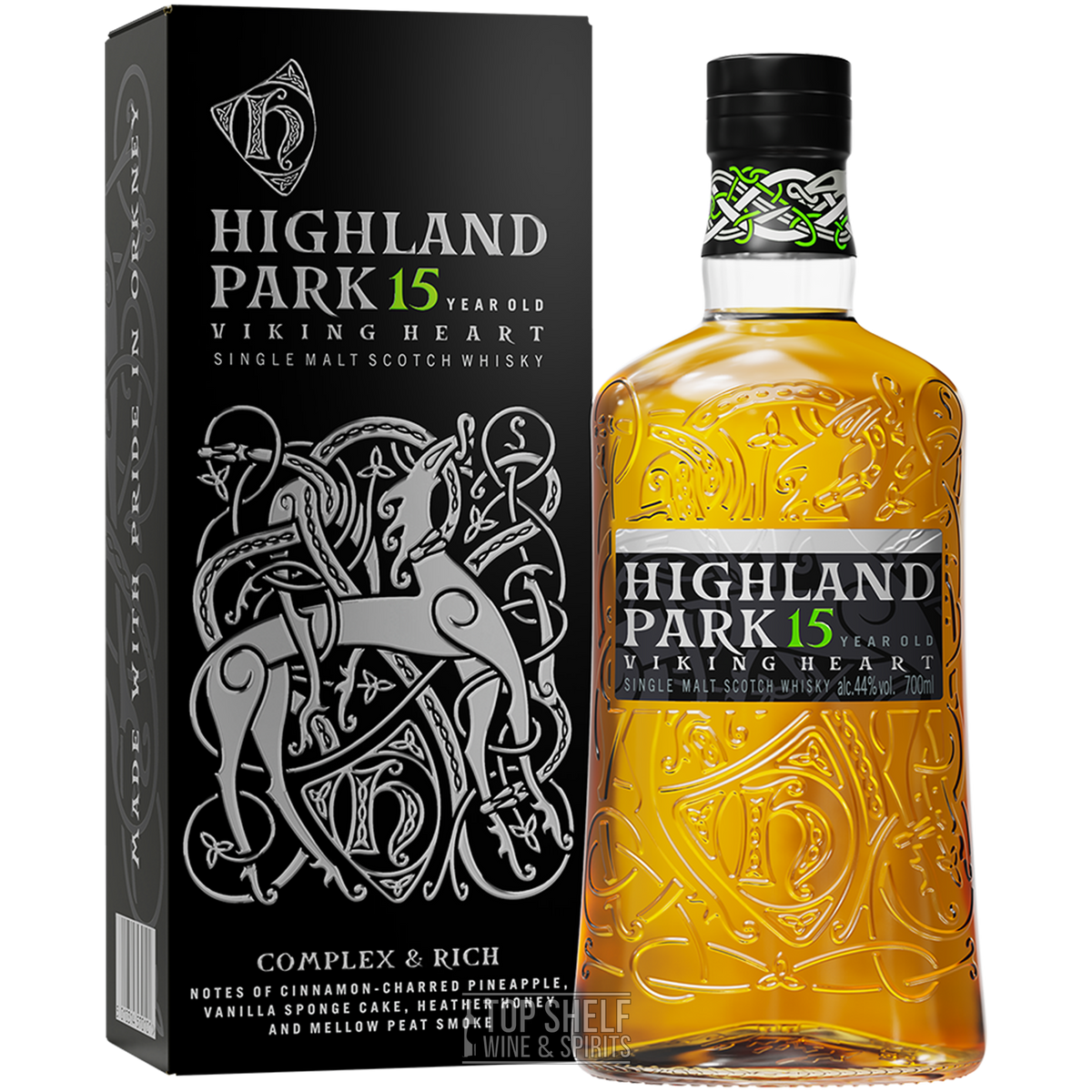 Highland Park 15 Year Viking Heart Single Malt Scotch whisky bottle with box, rich aromas of vanilla and pineapple.