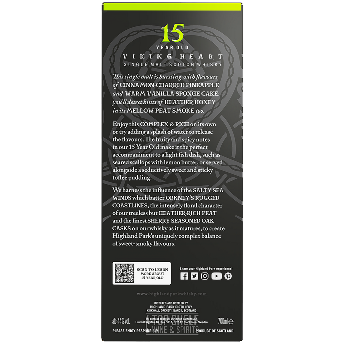 Highland Park 15 Year Viking Heart Single Malt Scotch back label with flavor notes and tasting hints.
