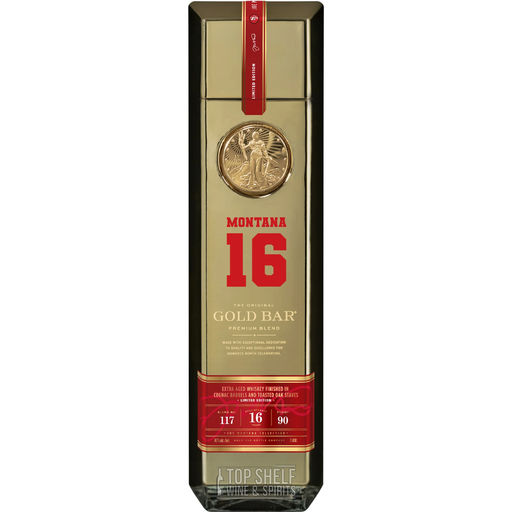 Gold Bar Joe Montana Blend 117 Whiskey bottle, showcasing a 16-year-old whiskey inspired by Montana's 49ers jersey.