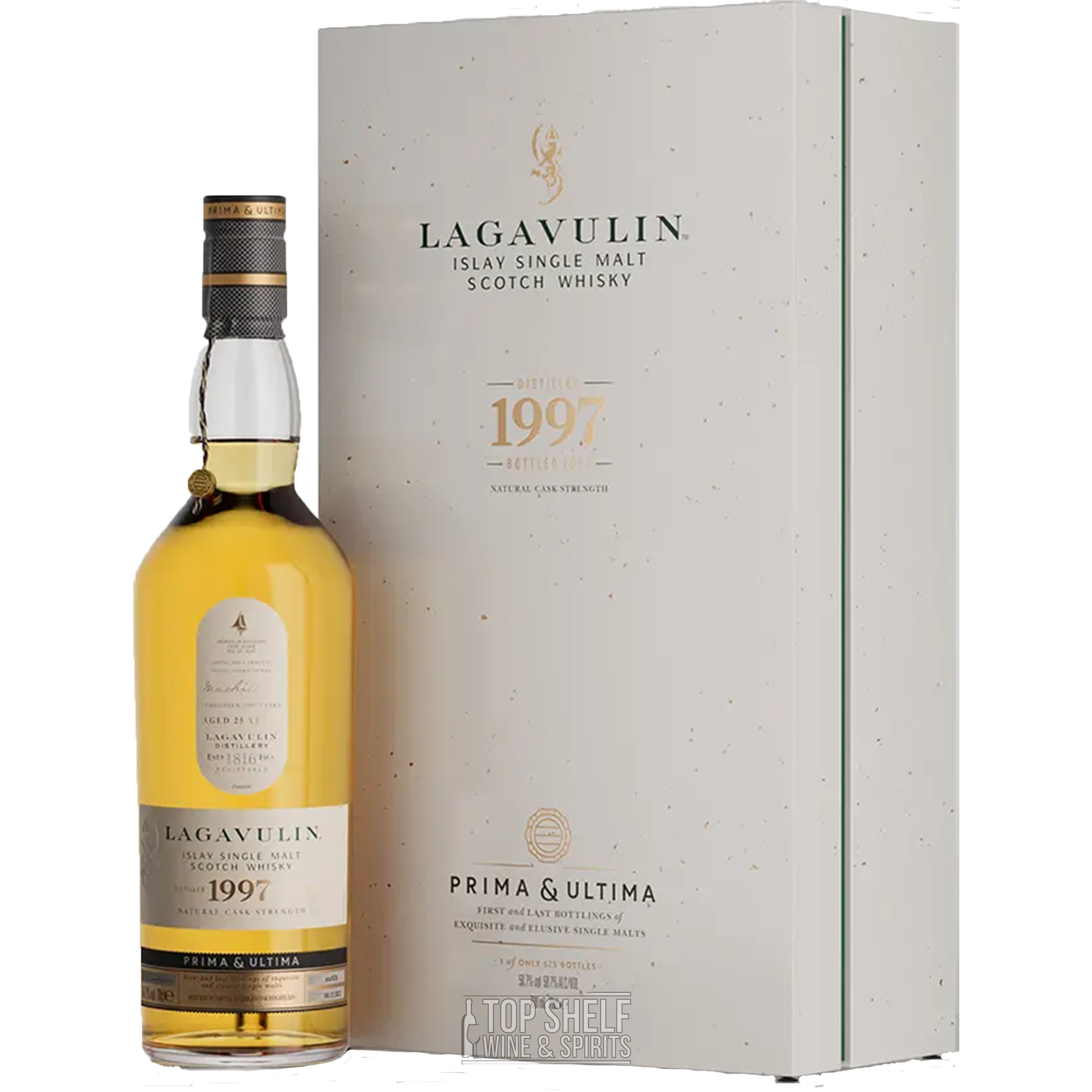 Lagavulin 25 Year 1997 Prima & Ultima Single Malt Scotch whisky bottle with box, featuring rich golden color and elegant design.