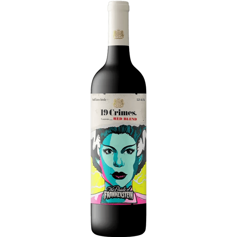 19 Crimes The Bride of Frankenstein Red Blend wine bottle with glow-in-the-dark label and vibrant character art.