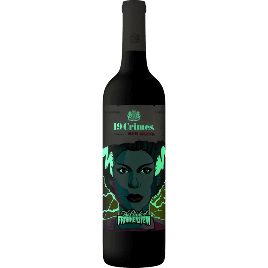 19 Crimes The Bride of Frankenstein Red Blend wine bottle with a glow-in-the-dark label and spooky design.