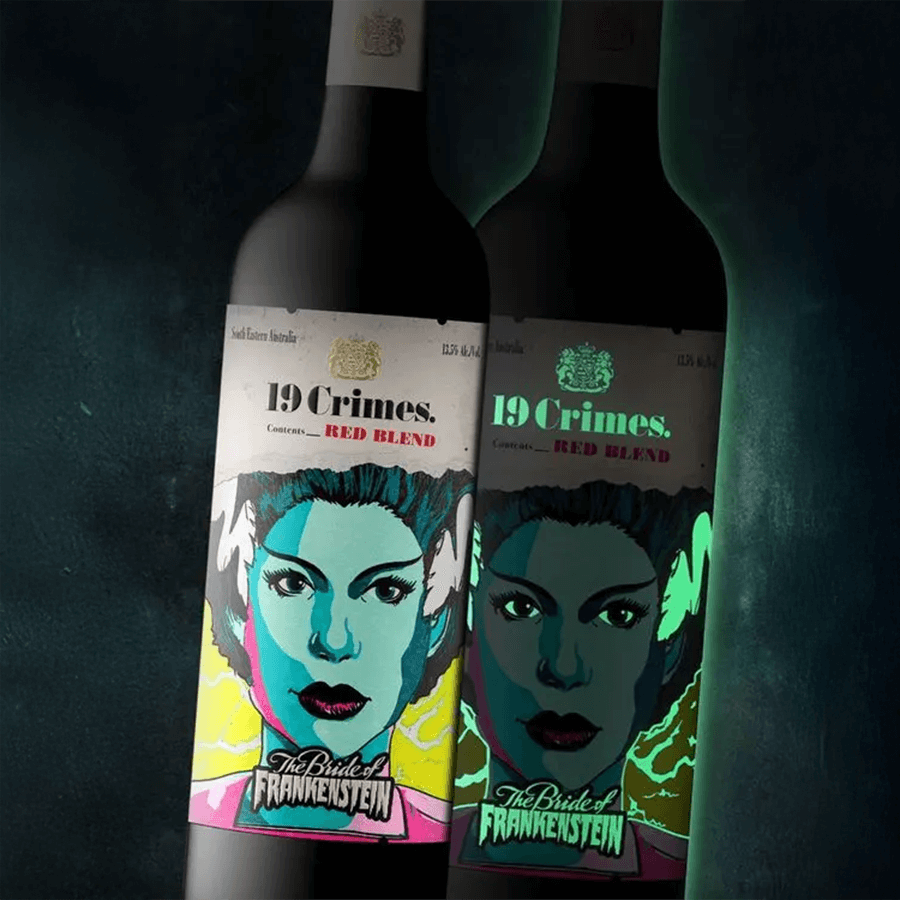19 Crimes The Bride of Frankenstein Red Blend wine bottle with glow-in-the-dark label and eerie design.