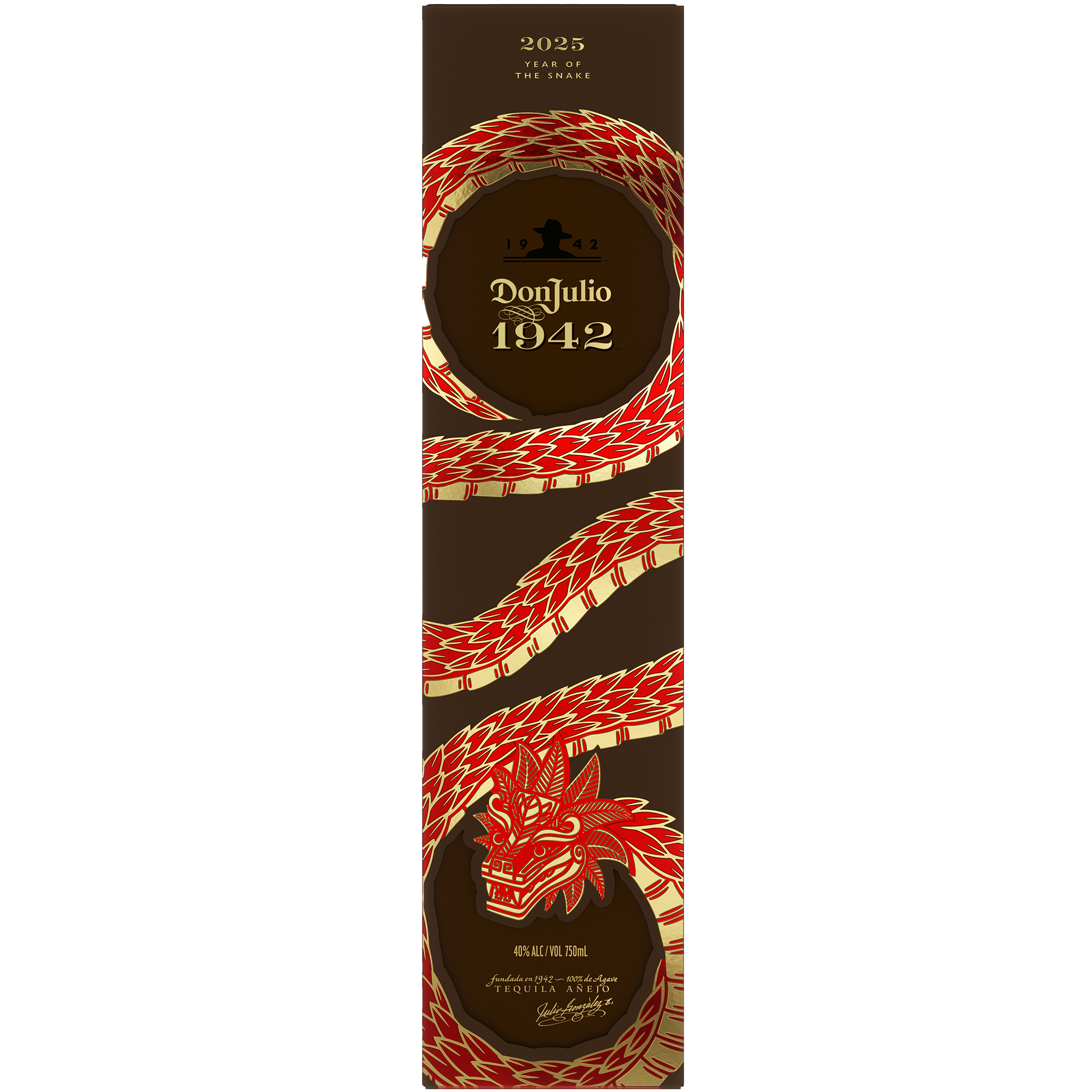 Don Julio 1942 Year of the Snake 2025 Edition tequila bottle with serpent design and gold accents.