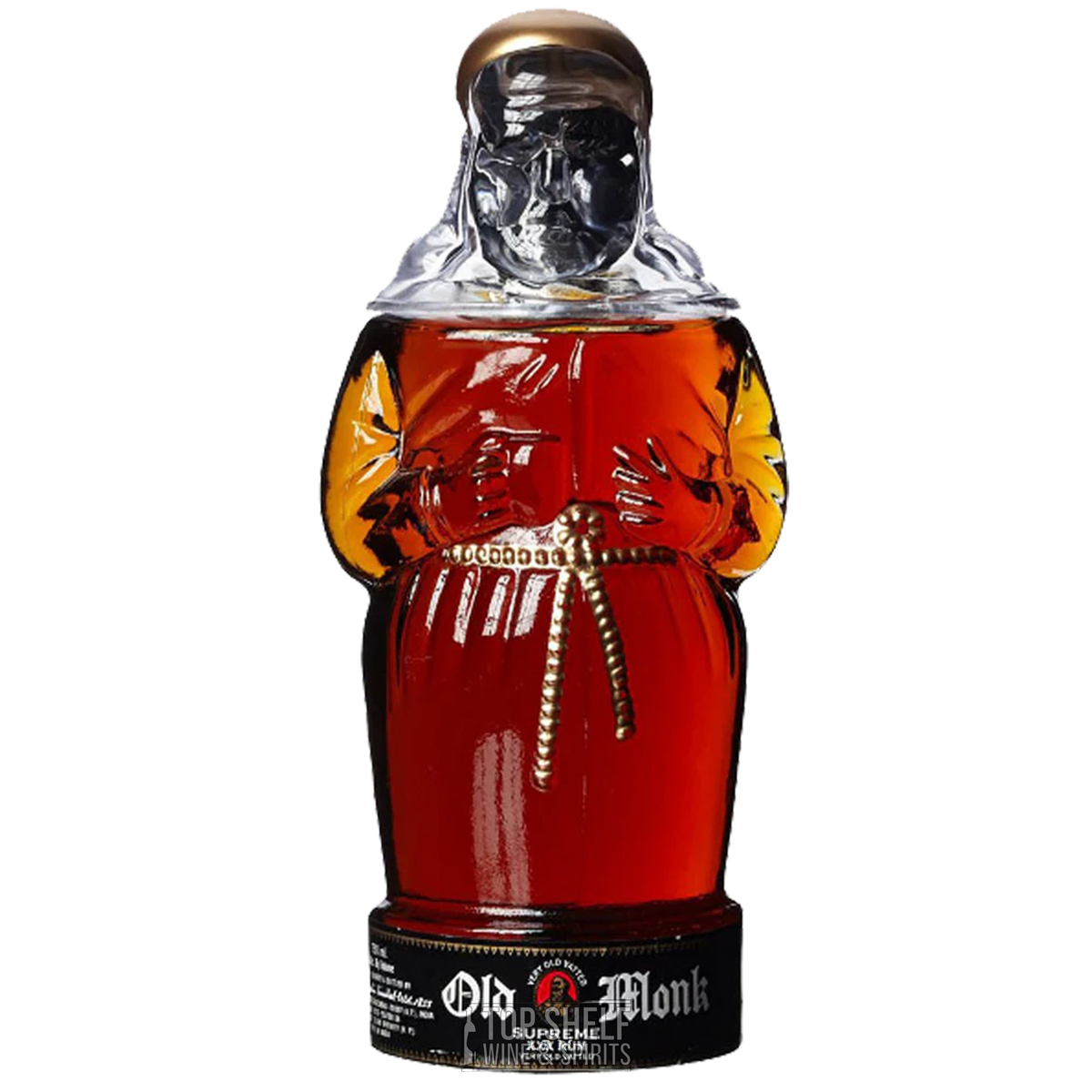 Old Monk Supreme XXX Rum bottle in unique monk-shaped design, showcasing rich amber color and strong alcohol content.