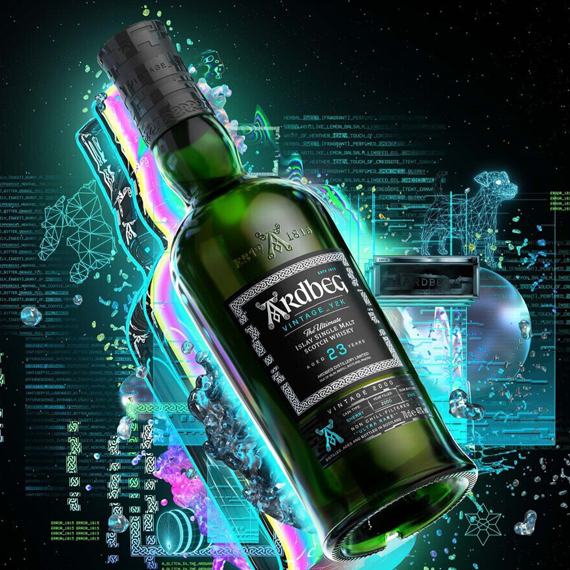 Ardbeg Vintage_Y2K 23 Year Single Malt Scotch bottle with a futuristic design and cosmic background.