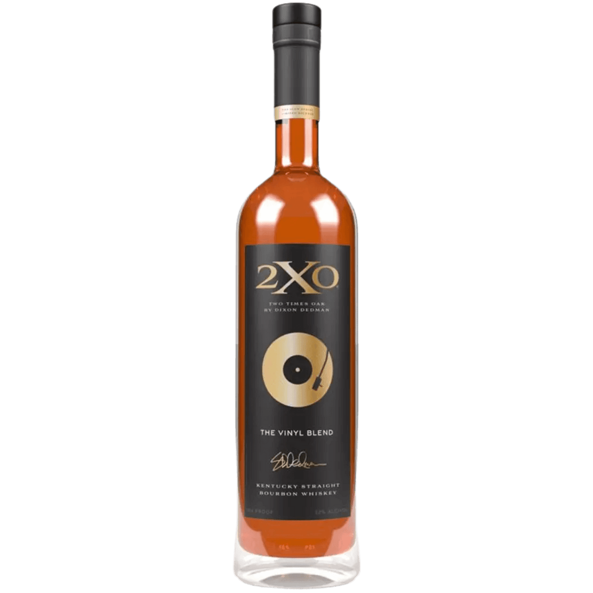 Bottle of 2XO The Vinyl Blend Kentucky Straight Bourbon Whiskey with a music-themed label.