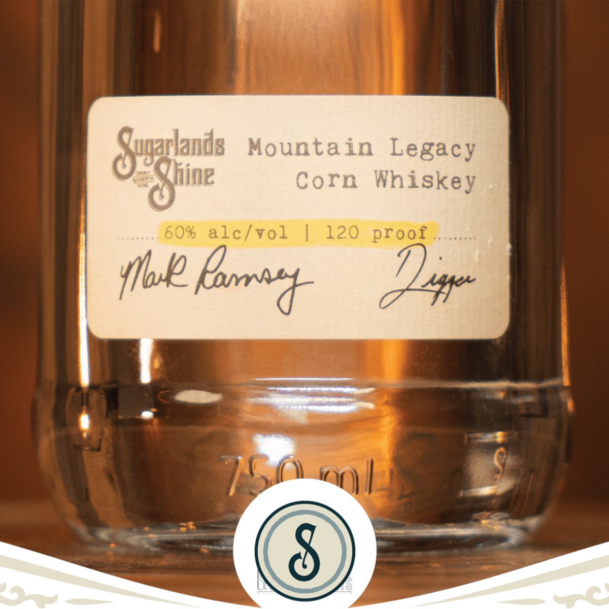 Sugarlands Mountain Legacy Corn Whiskey bottle showcasing 60% alc/vol, 120 proof, and Mark & Digger's signature.