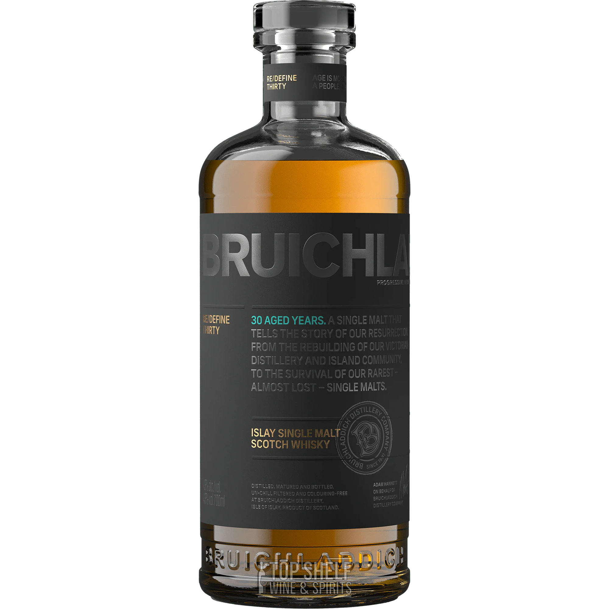 Bruichladdich 30 Year RE/Define Islay Single Malt Scotch Whisky, aged in rare ex-Bourbon casks with floral and toasted oak notes.