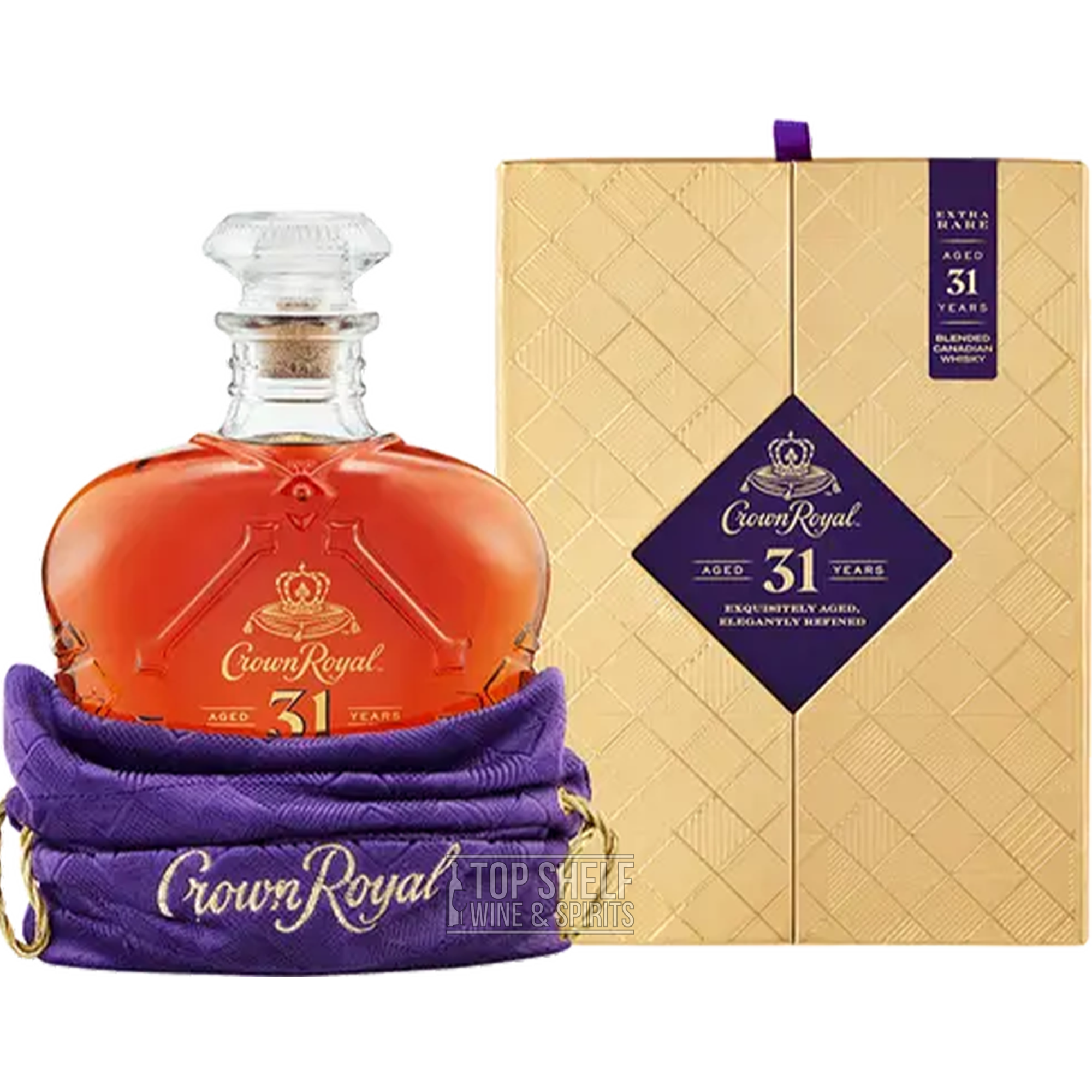 Crown Royal 31 Year Extra Rare Canadian Whiskey bottle and packaging, showcasing its exquisite design and rich amber color.
