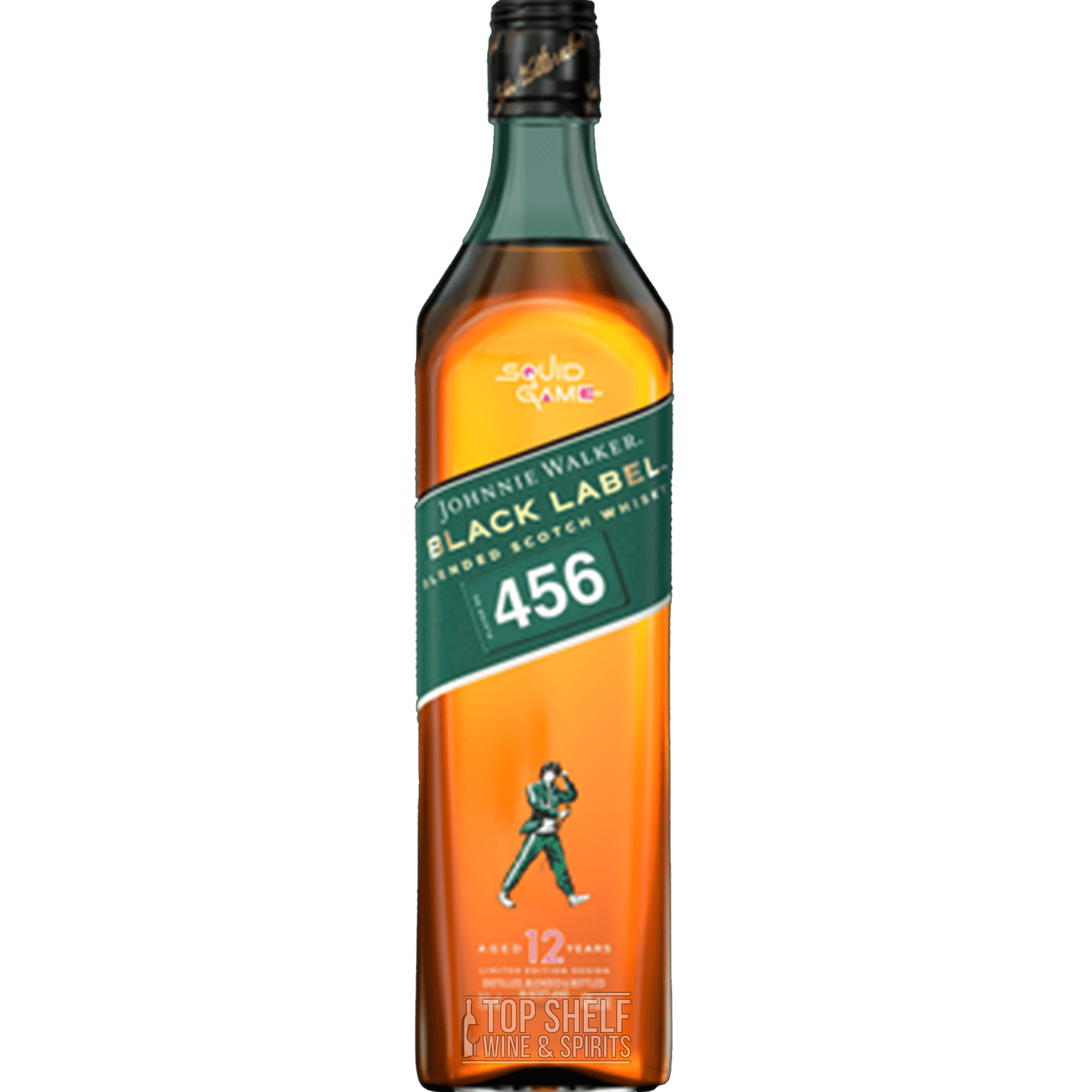 Limited edition Johnnie Walker Black Label whisky bottle featuring Squid Game design, aged 12 years.