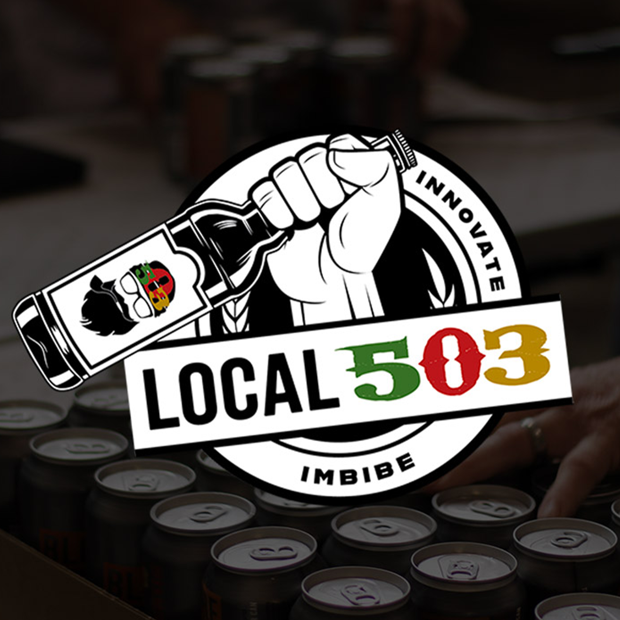 Local 503 logo featuring a hand holding a beer bottle, with a backdrop of beer cans.