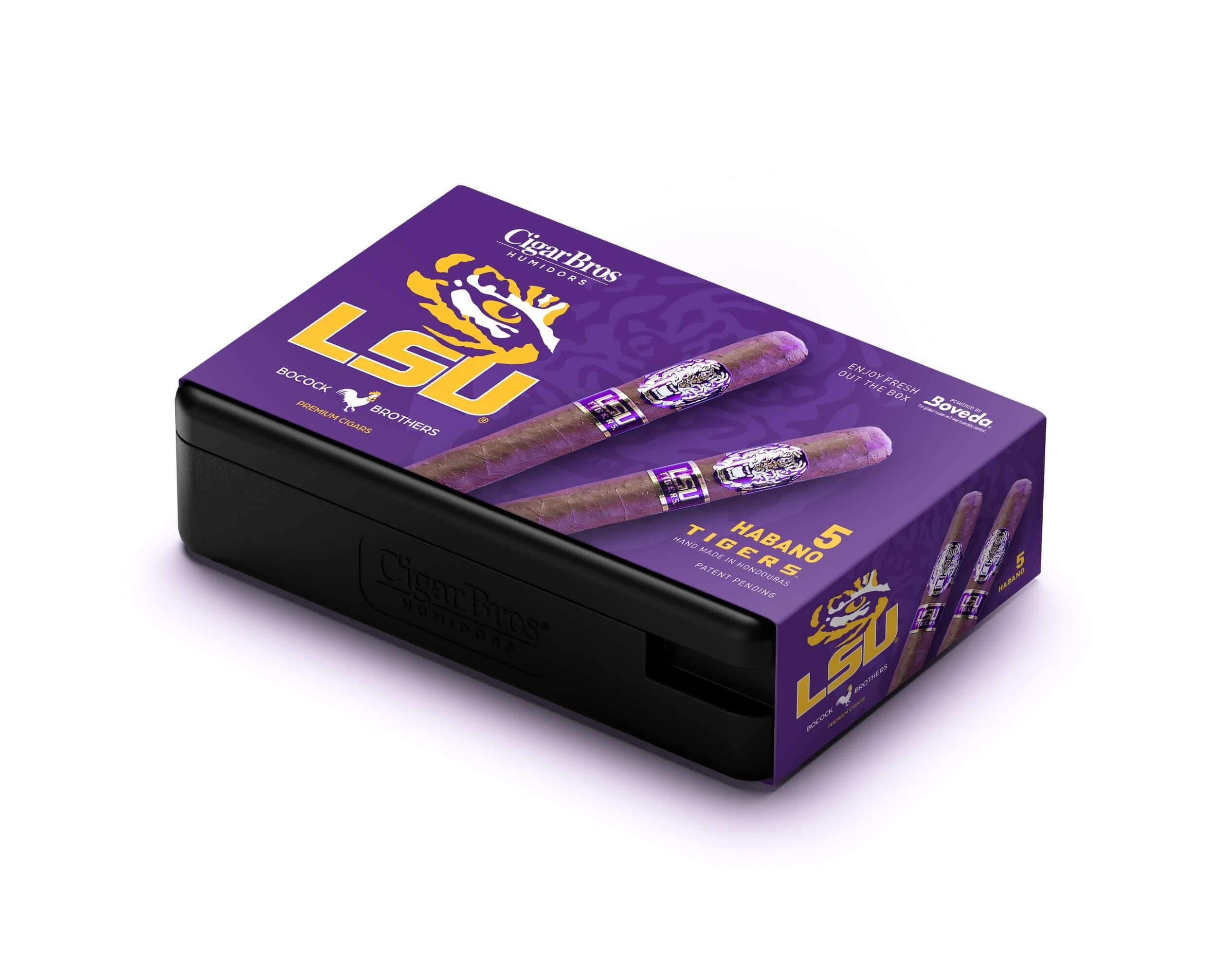 LSU Cigars by CigarBros, featuring the Habano Toro box with five premium cigars, perfect for a bold smoking experience.