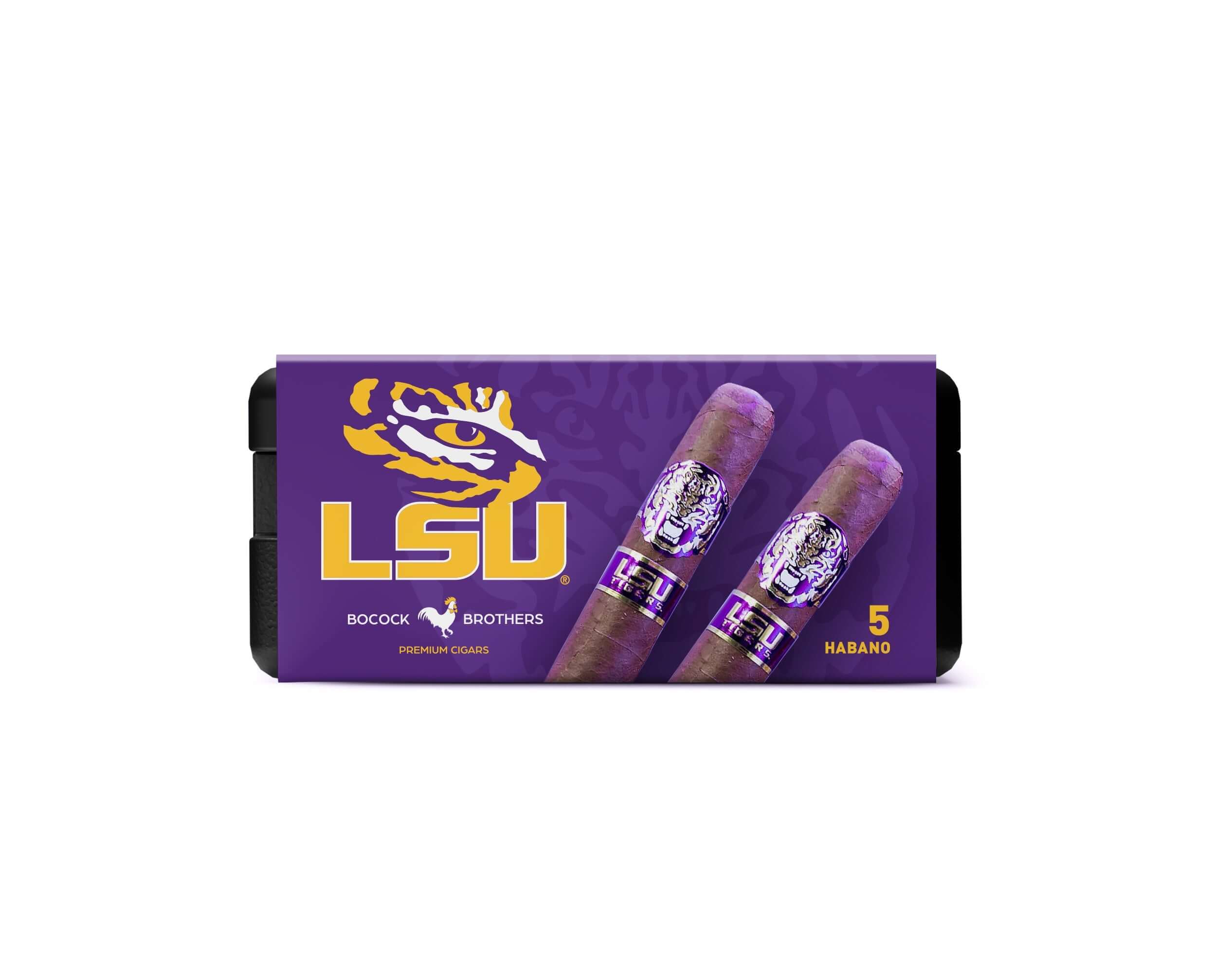 LSU Habano Toro cigars by Bocock Brothers in a vibrant purple box featuring LSU branding.