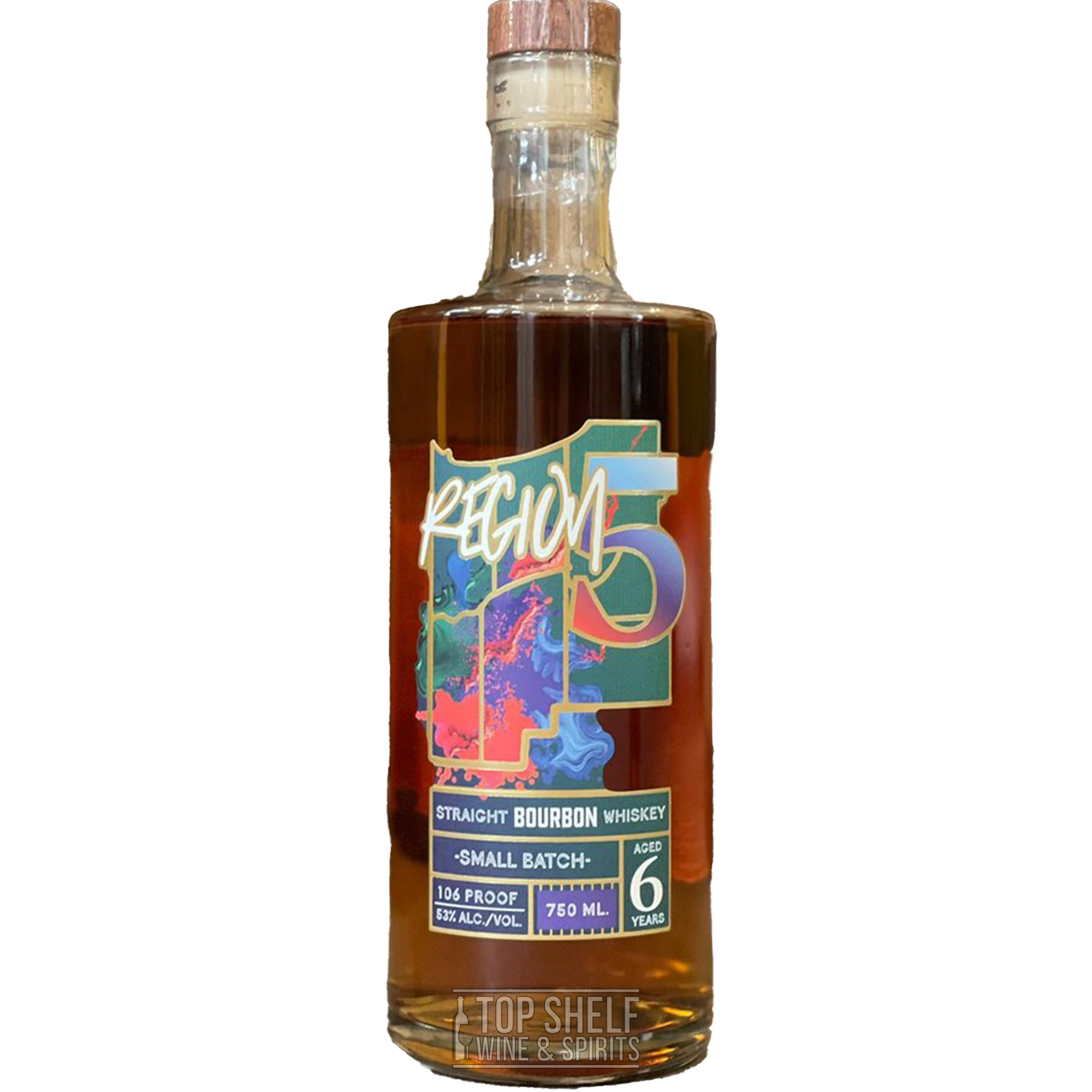 Region 5 Small Batch 6 Year Bourbon bottle showcasing rich amber color and unique label design, highlighting 106 proof.