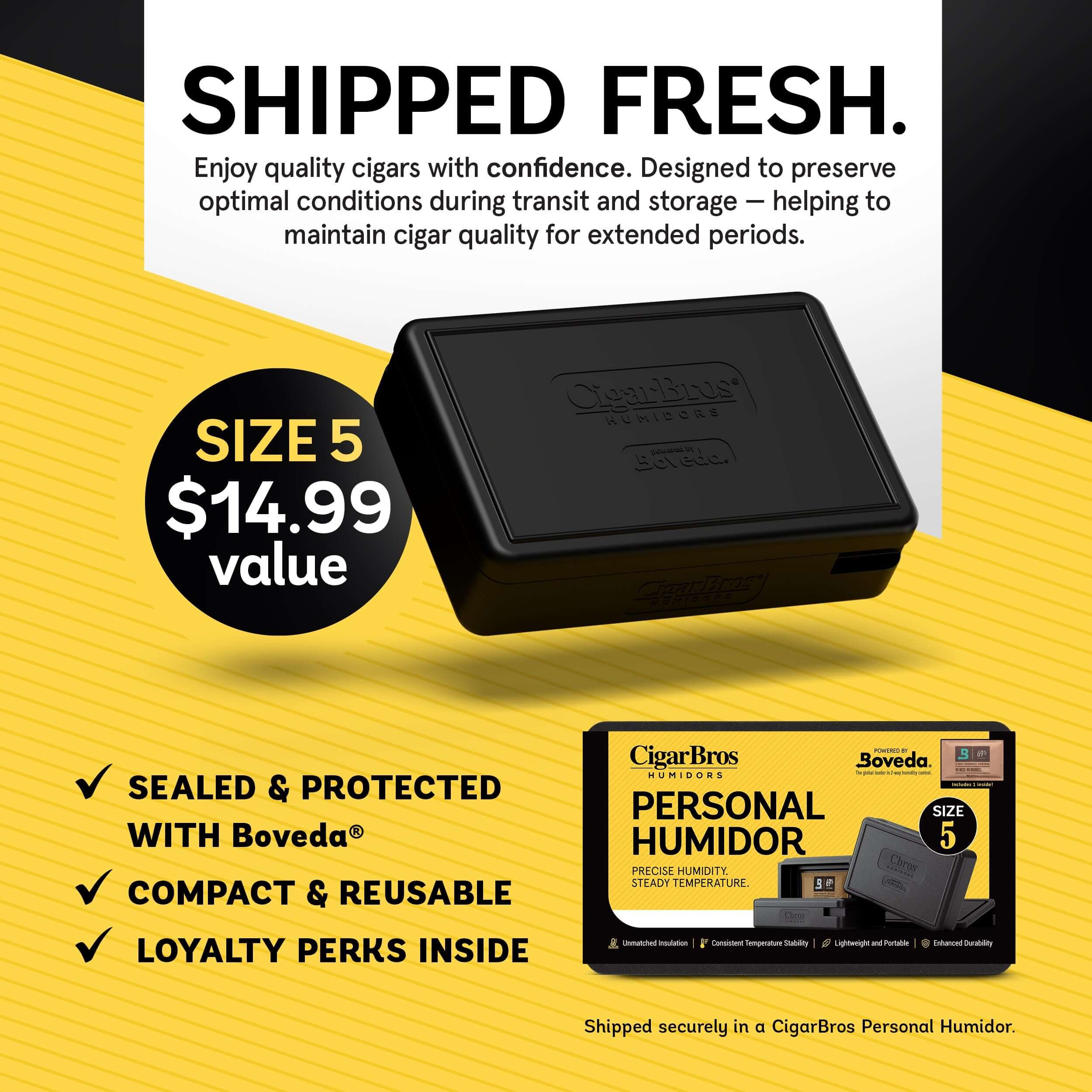 CigarBros Personal Humidor, size 5, $14.99, sealed with Boveda, compact and reusable for quality cigar storage.