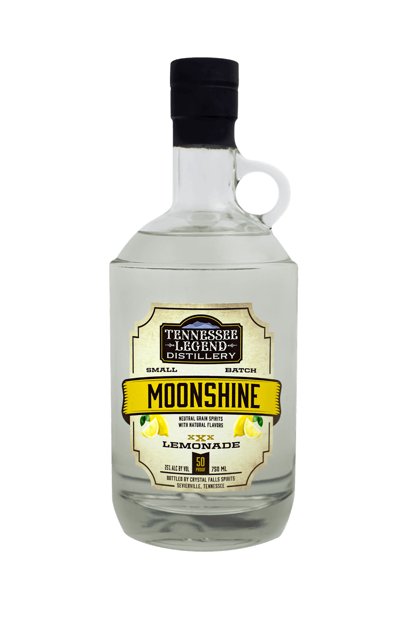 Tennessee Legend Lemonade Moonshine bottle, small batch, refreshing tart lemon and lavender, 50 proof.