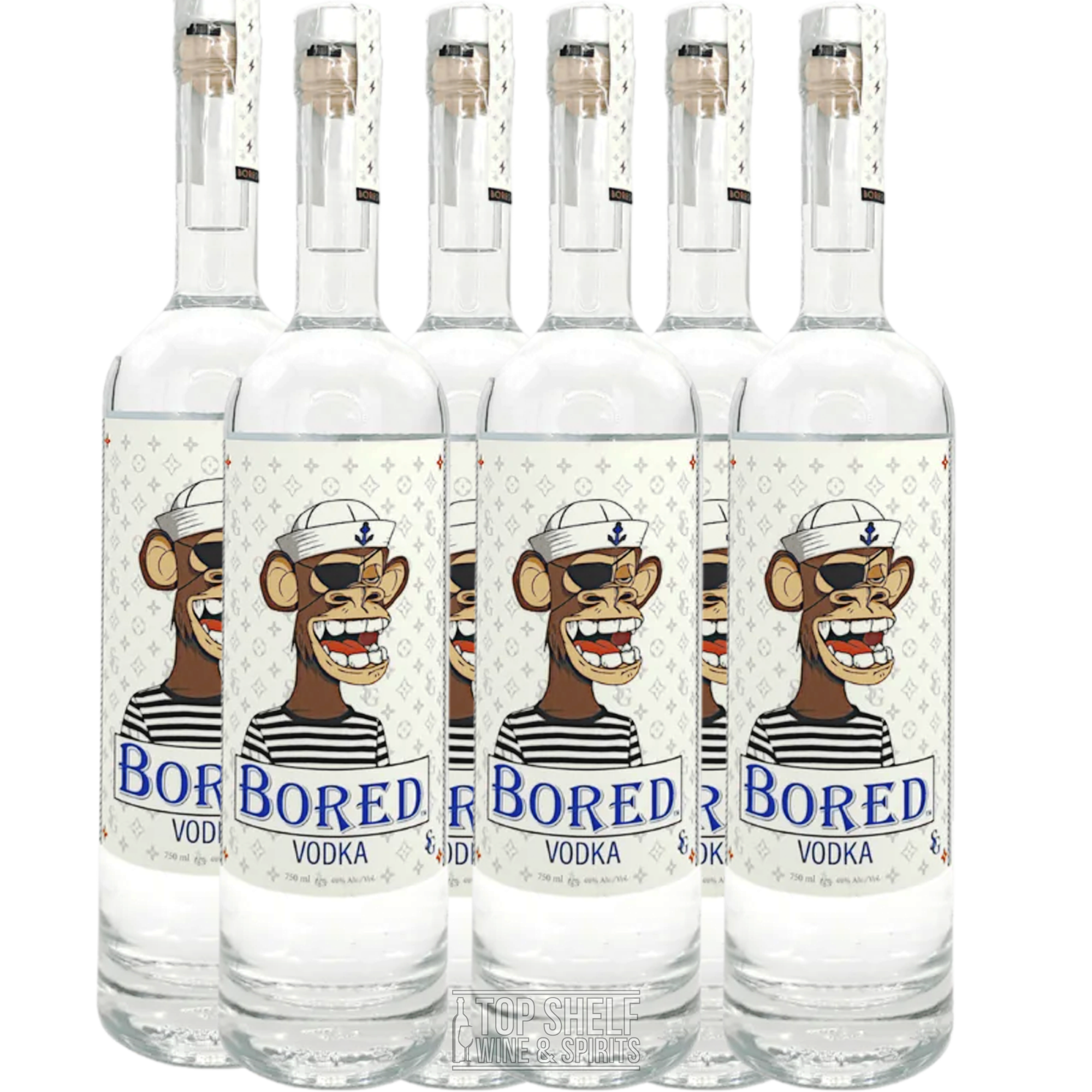 Bored Vodka Combo Pack featuring six bottles with unique Bored Ape art design, 6x distilled, gluten-free, GMO-free.