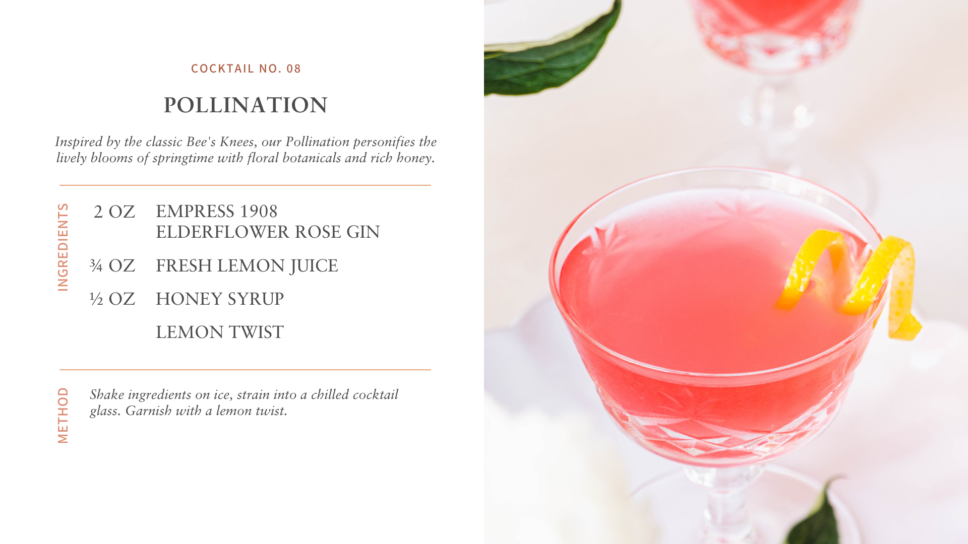 Cocktail recipe for Pollination featuring Empress 1908 Elderflower Rose Gin with a lemon twist garnish.