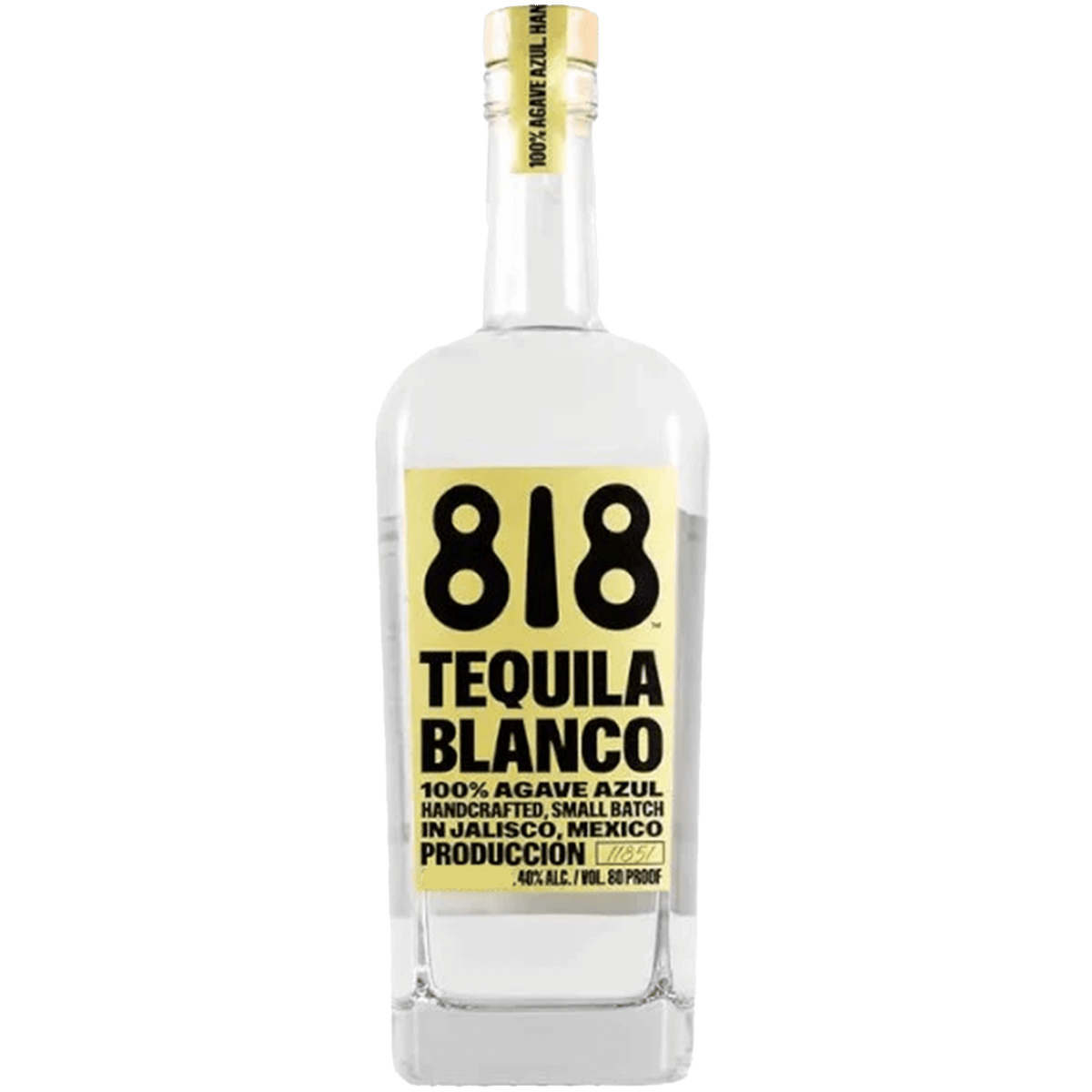 818 Blanco Tequila bottle from Kendall Jenner, handcrafted 100% agave azul from Jalisco, Mexico.