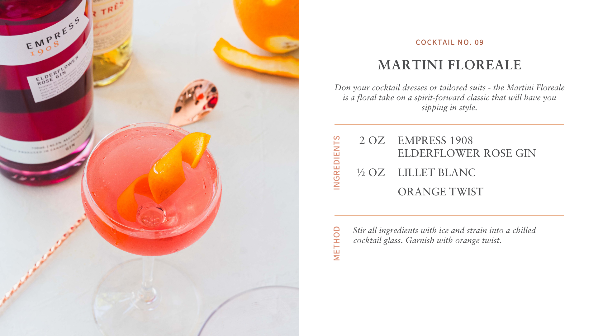 Martini Floreale cocktail featuring Empress 1908 Elderflower Rose Gin and an orange twist garnish.