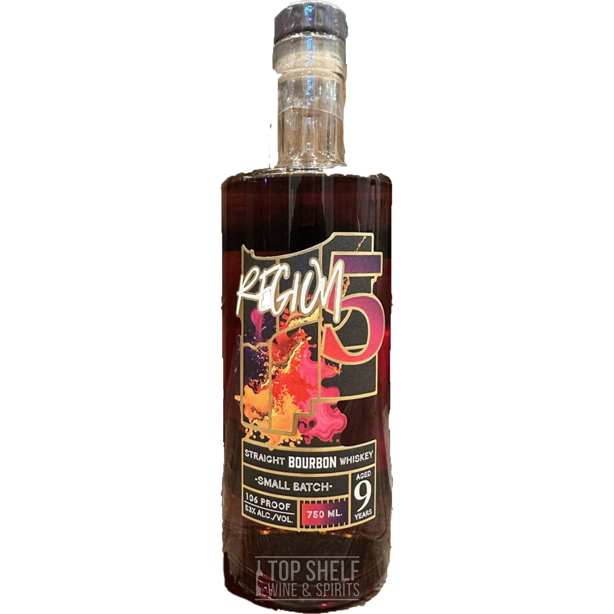 Region 5 Small Batch 9 Year Bourbon bottle with vibrant label, showcasing its 106 proof and straight bourbon whiskey.