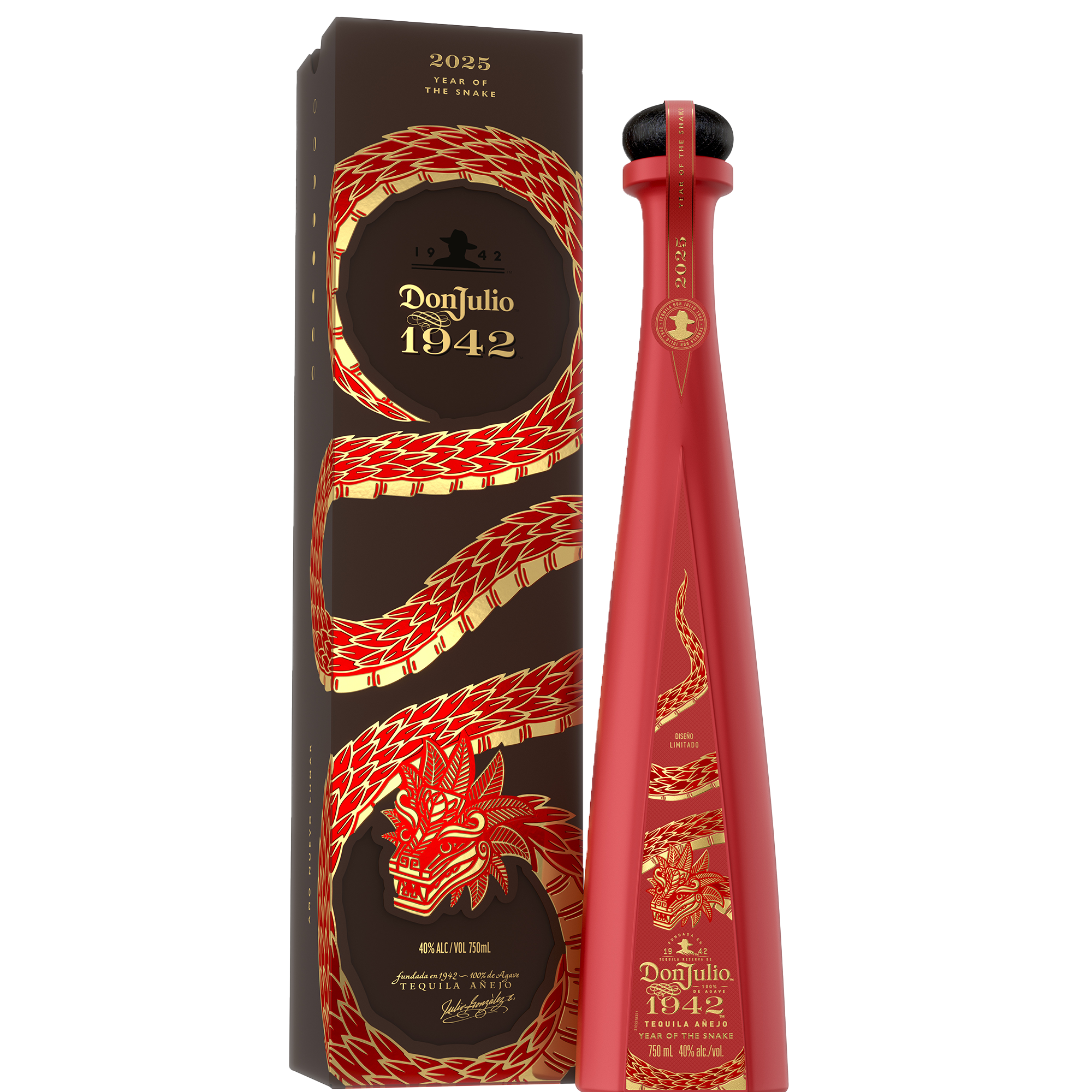 Don Julio 1942 Year of the Snake tequila bottle and box, celebrating Lunar New Year with a vibrant red serpent design.