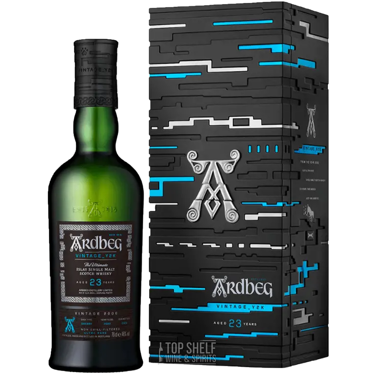Ardbeg Vintage_Y2K 23 Year Single Malt Scotch bottle and box, celebrating the millennium with a unique design
