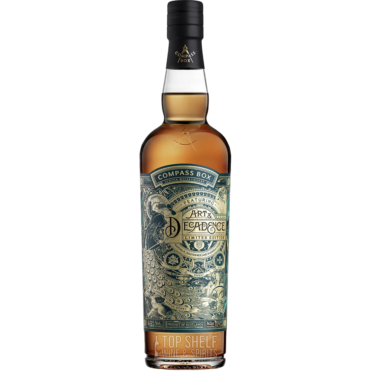 Compass Box Art & Decadence 2023 Scotch Whiskey bottle with ornate label design, showcasing a limited edition release.