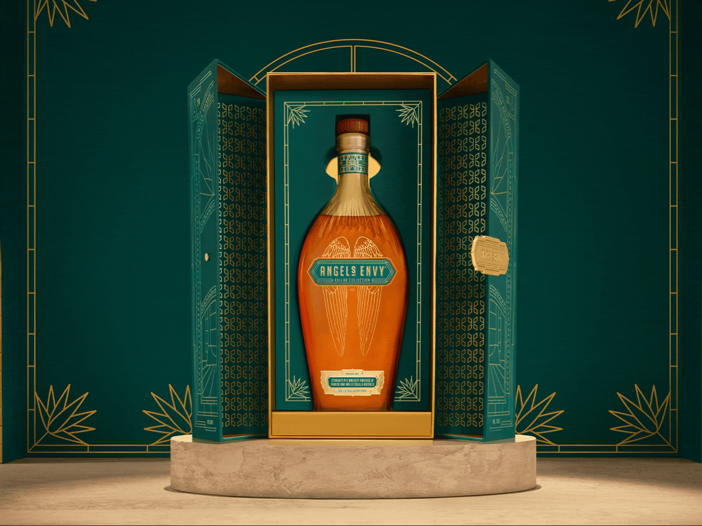Angel's Envy Cellar Collection Vol. 5 Straight Rye featured in elegant packaging against a vibrant backdrop.
