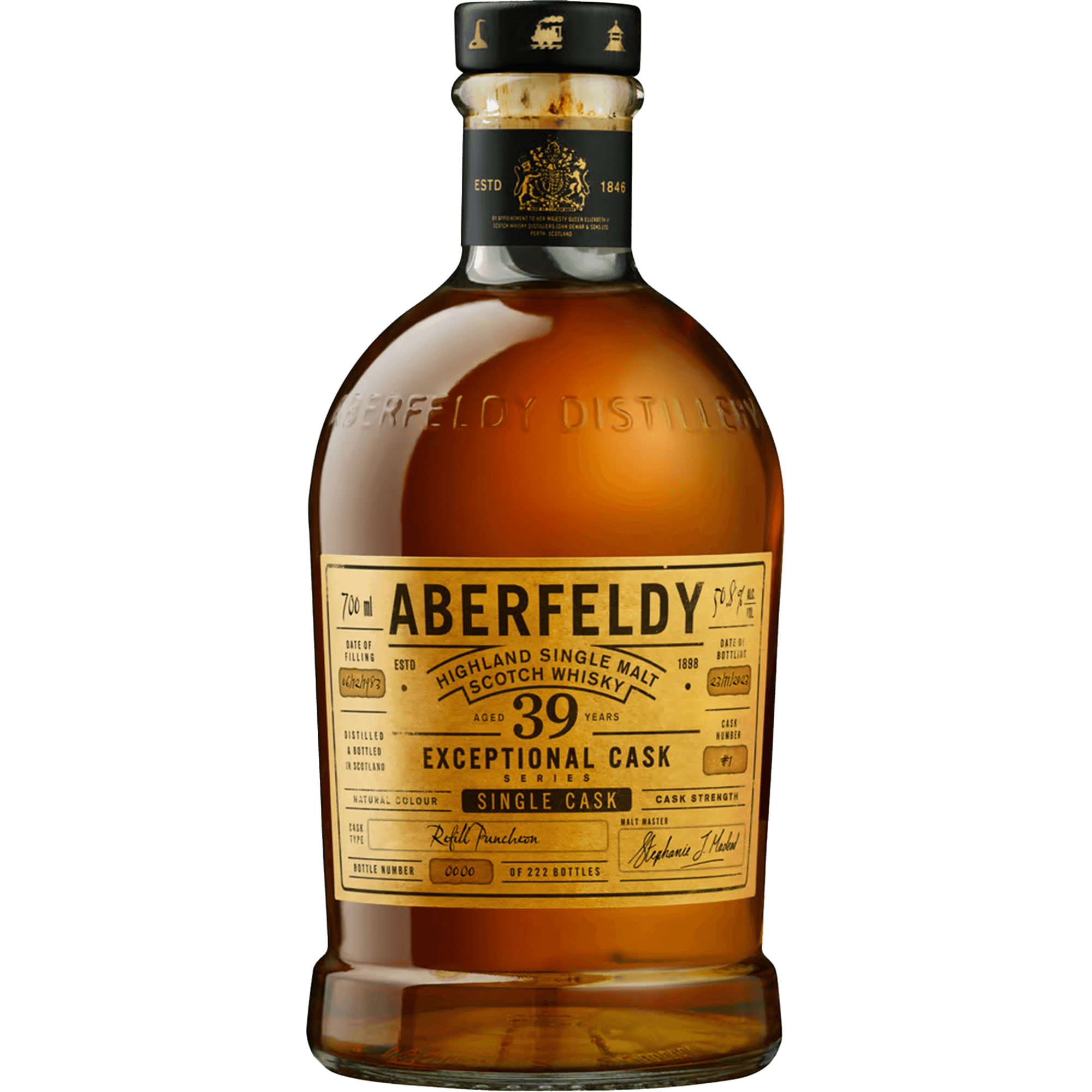Aberfeldy 39 Year Exceptional Cask Single Malt Whisky 700ml bottle with detailed label.