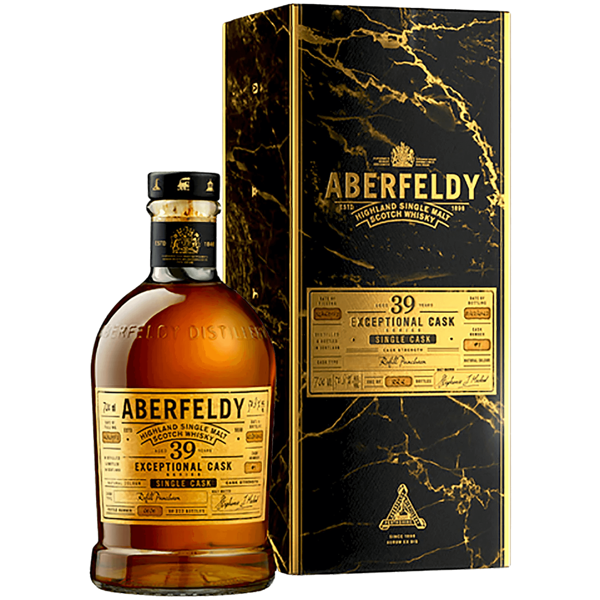 Aberfeldy 39 Year Exceptional Cask Single Malt Whisky bottle with elegant packaging.