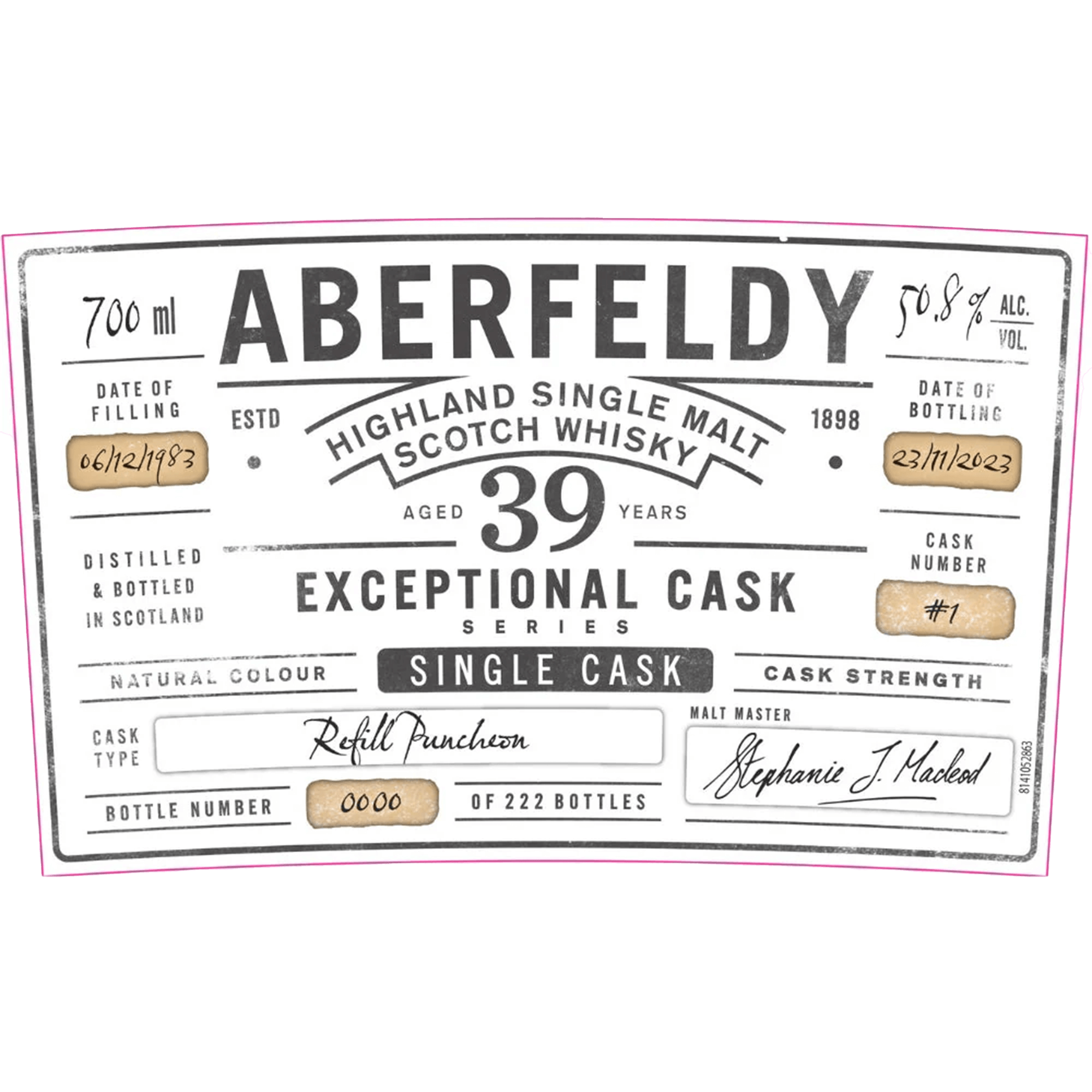 Aberfeldy 39 Year Exceptional Cask Single Malt Whisky label with details on cask, strength, and bottling.