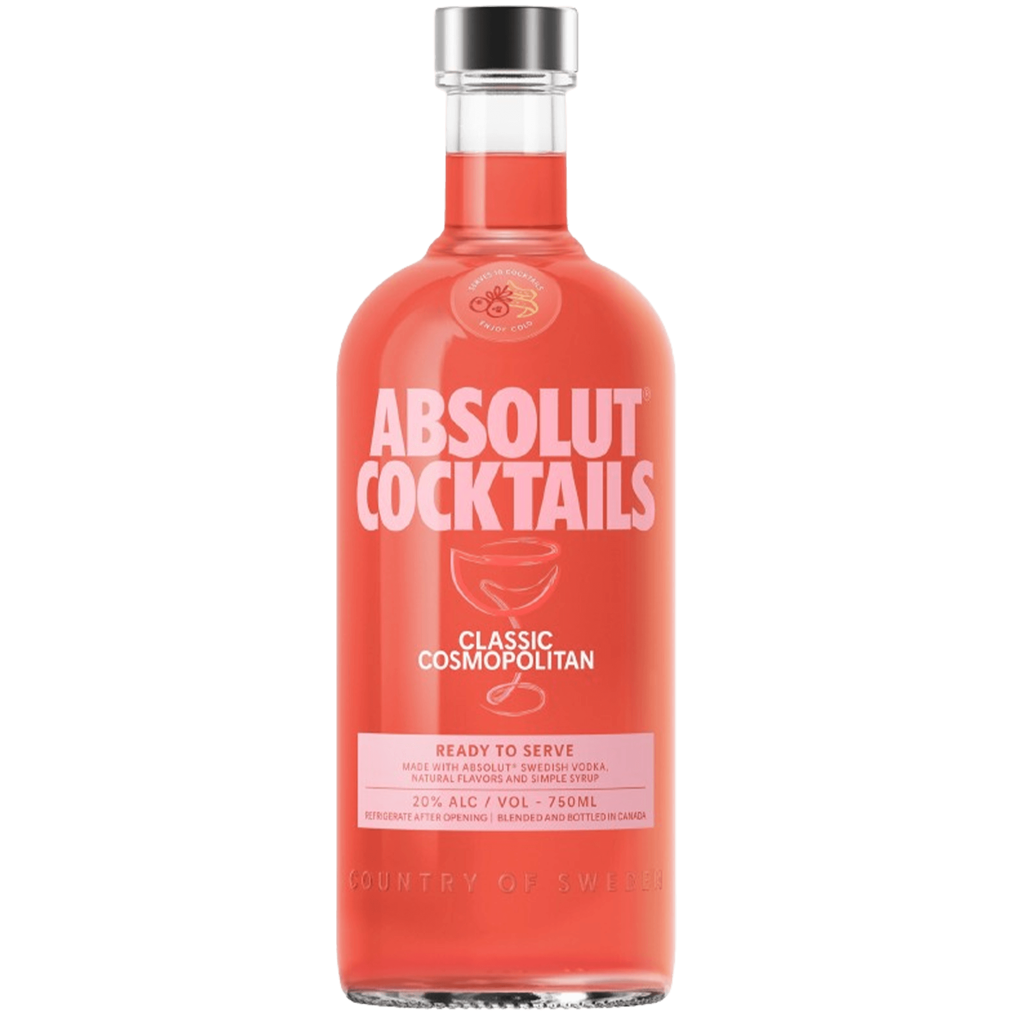 Absolut Cocktails Classic Cosmopolitan ready-to-serve drink bottle, featuring vibrant red color and elegant design.