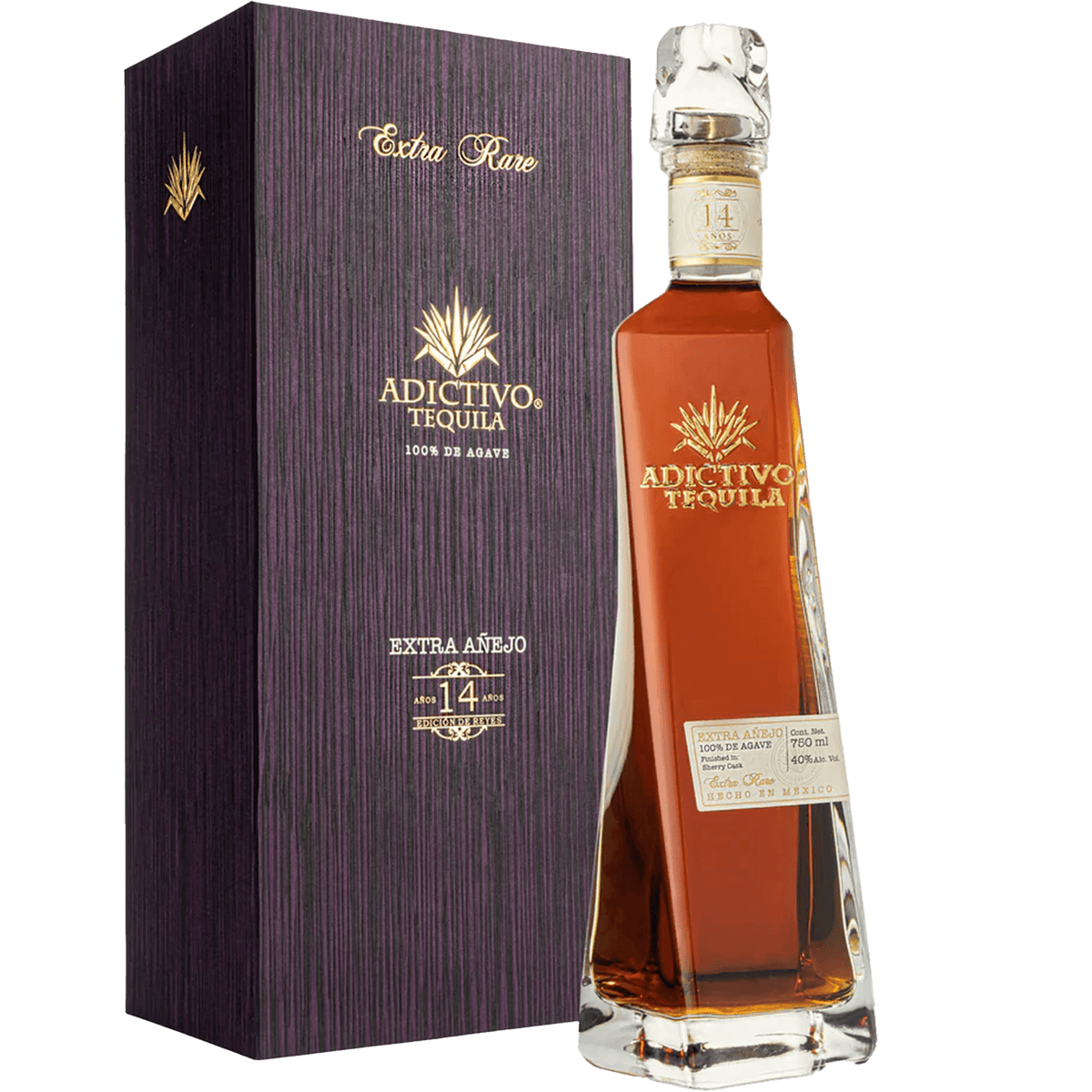 Adictivo Extra Rare 14 Year Extra Añejo Tequila bottle with elegant packaging, showcasing its rich color and premium quality.