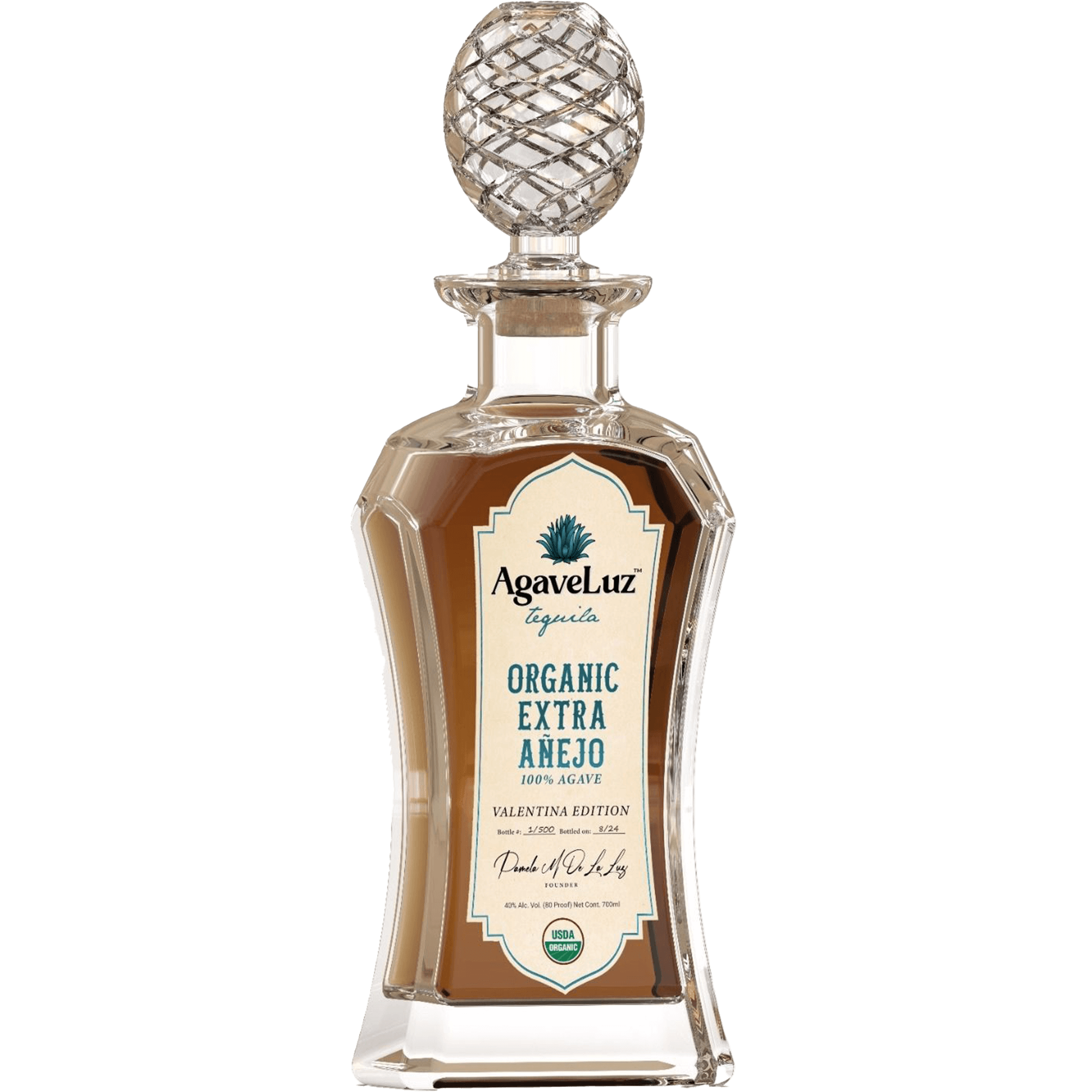 AgaveLuz Organic Extra Añejo Tequila bottle with intricate design, showcasing purity and sophistication.