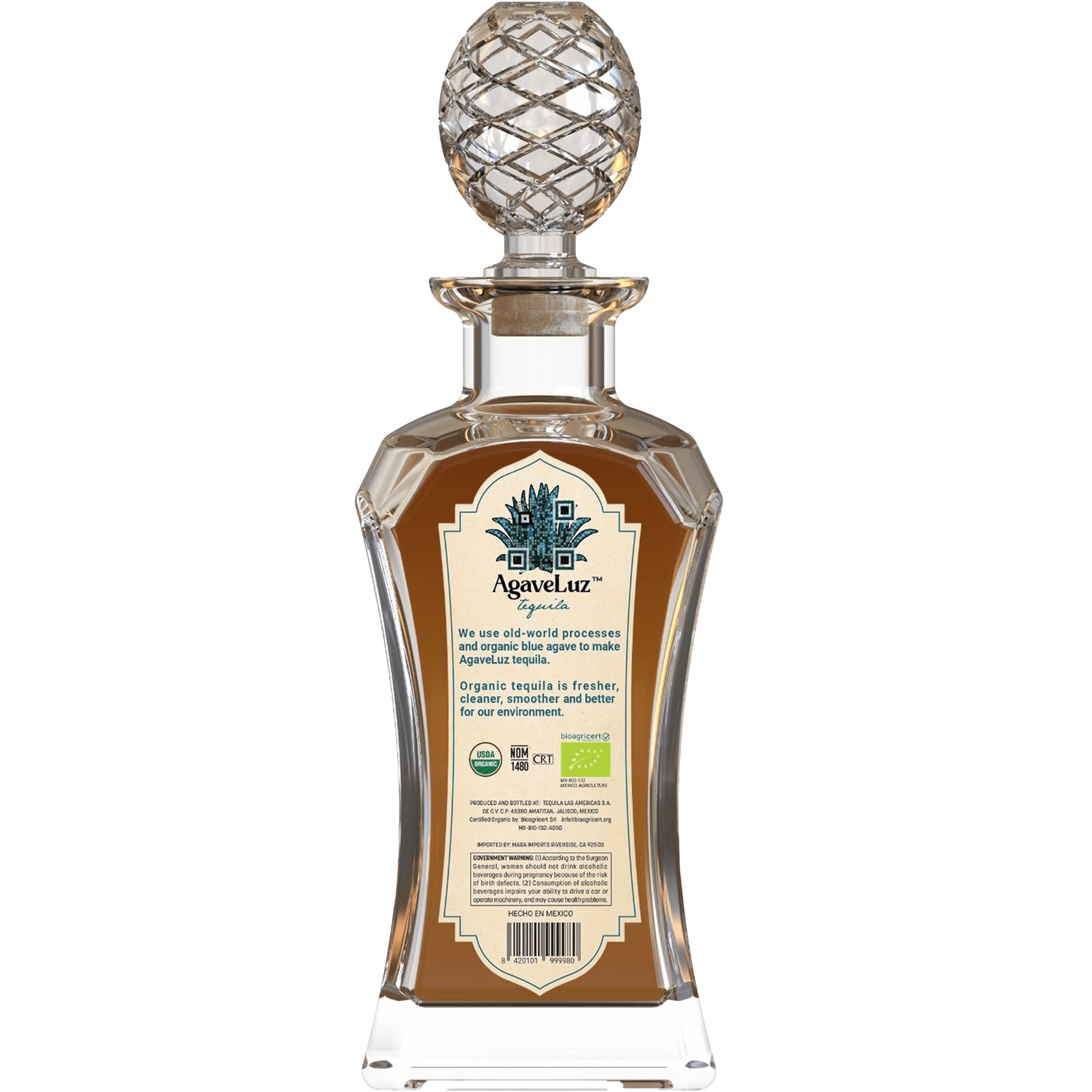 Agaveluz Organic Extra Añejo Tequila bottle, showcasing its elegant design and USDA organic certification.