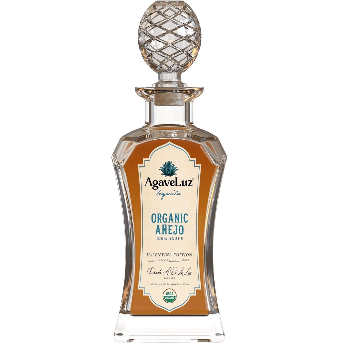 AgaveLuz Organic Valentina Edition Añejo Tequila 700ml bottle, showcasing its elegant design and amber hue.