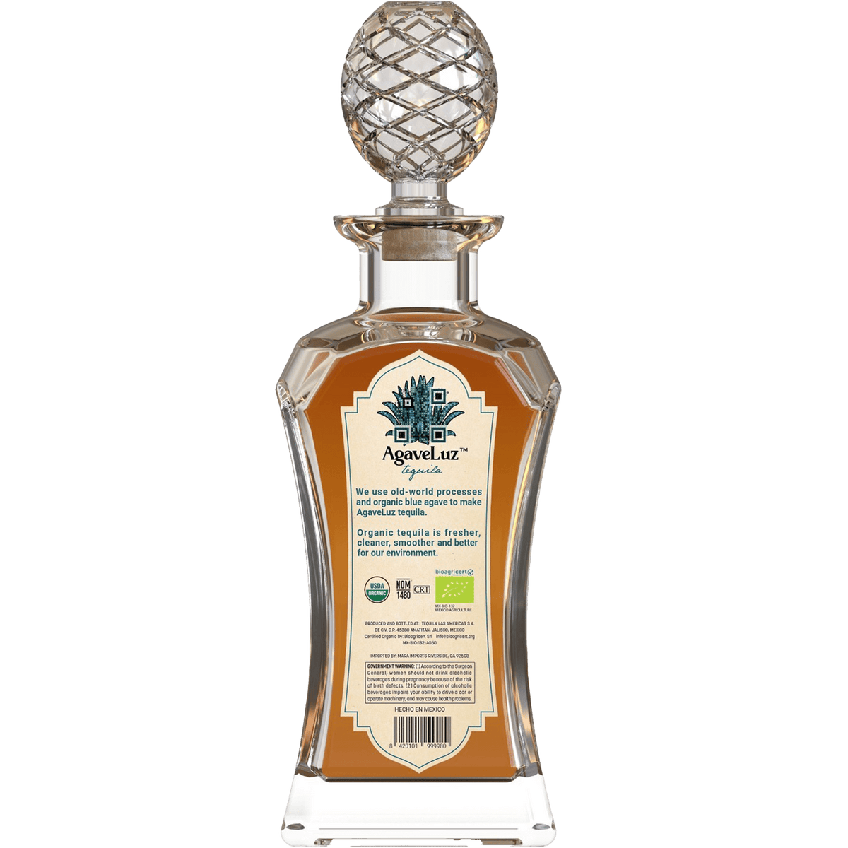 AgaveLuz Organic Valentina Edition Añejo Tequila bottle with intricate design and organic certification details.