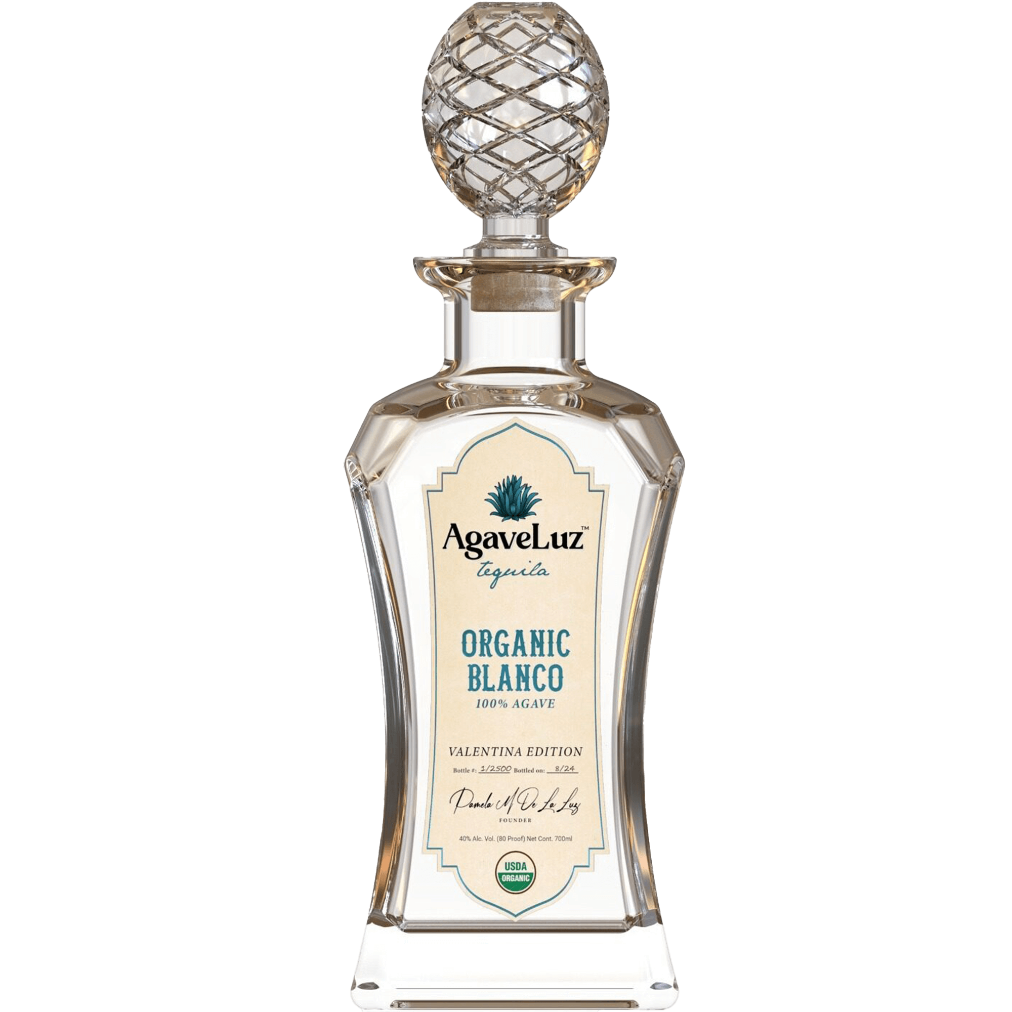AgaveLuz Organic Valentina Edition Blanco Tequila bottle, showcasing purity with USDA-certified organic 100% agave.