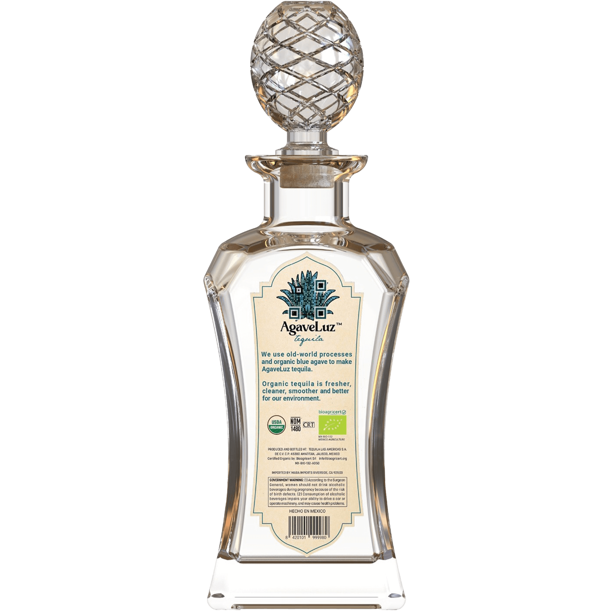 Agaveluz Organic Valentina Edition Blanco Tequila bottle showcasing the elegant design and USDA-certified organic label.