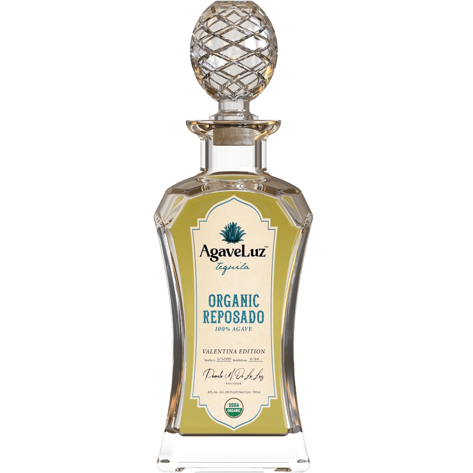 AgaveLuz Organic Valentina Edition Reposado Tequila 700ml in an elegant bottle, showcasing its premium quality and organic ingredients.