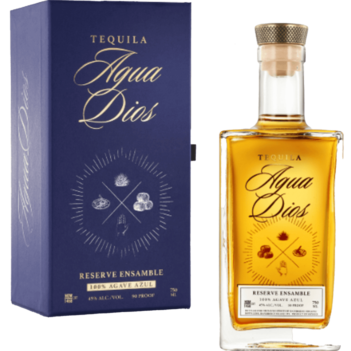 AguaDios 15 Year Reserve Ensemble Tequila bottle with elegant packaging, featuring organic Blue Weber Agave.