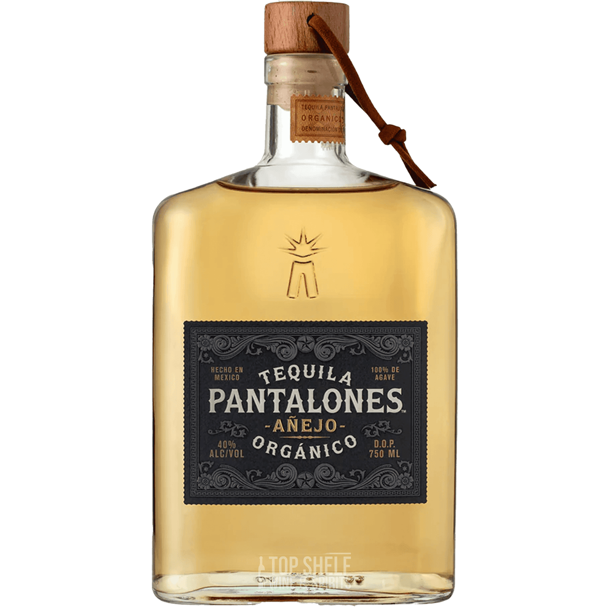 Pantalones Añejo Tequila bottle featuring organic agave, aged 15 months in oak barrels, with a rich golden color.