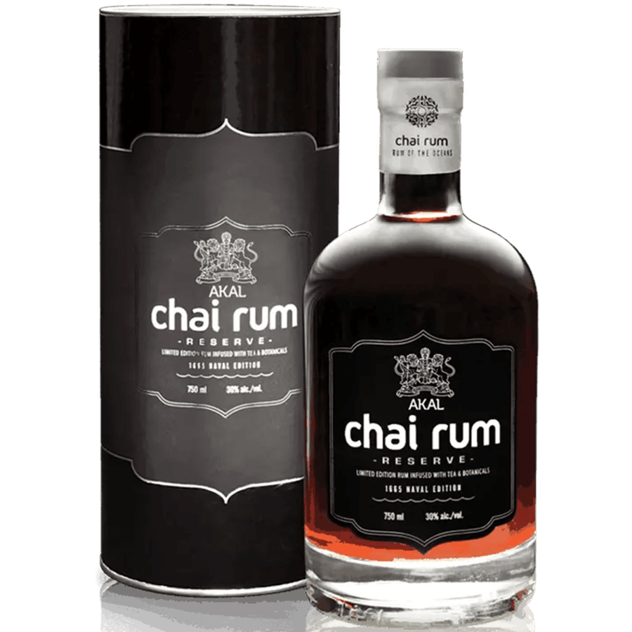 Akal Chai Reserve 1665 Naval Edition Rum in a bottle with a stylish black tube packaging, showcasing rich chai spice infusion.