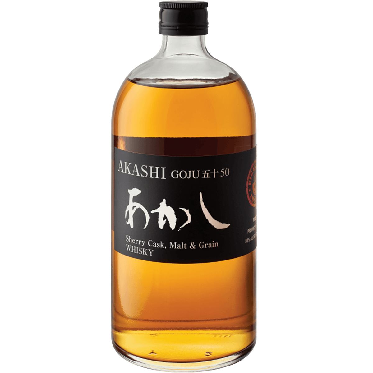 Bottle of Akashi Goju 50 Sherry Cask Malt and Grain Whisky showcasing its rich amber color and elegant label.