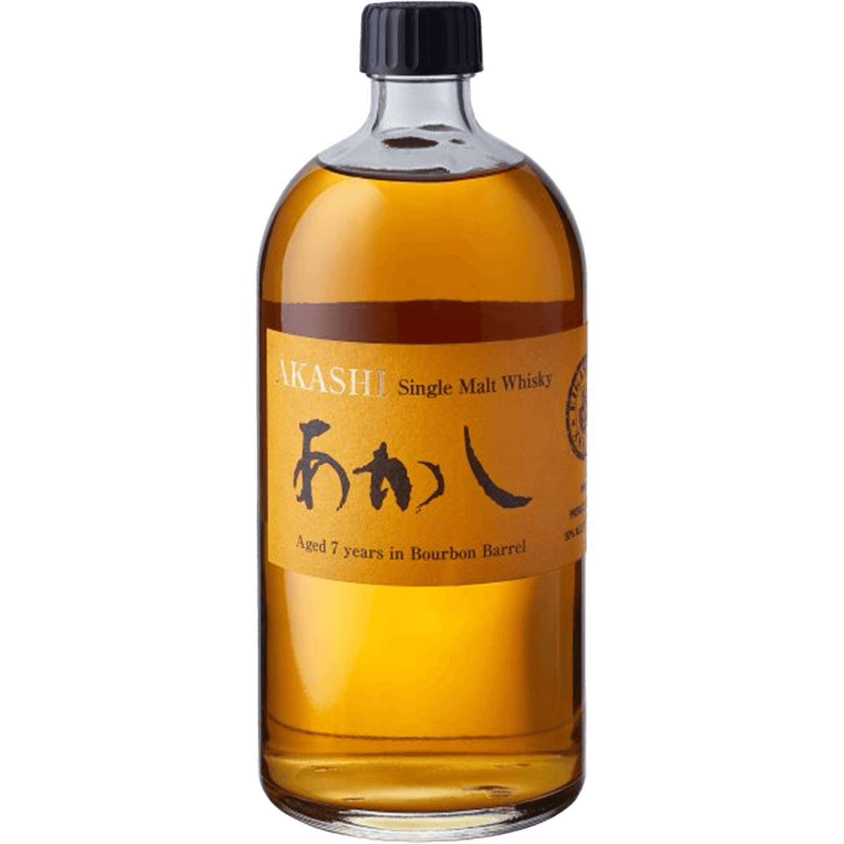 Akashi Single Malt Whisky bottle aged 7 years in bourbon barrels, showcasing a rich golden color.