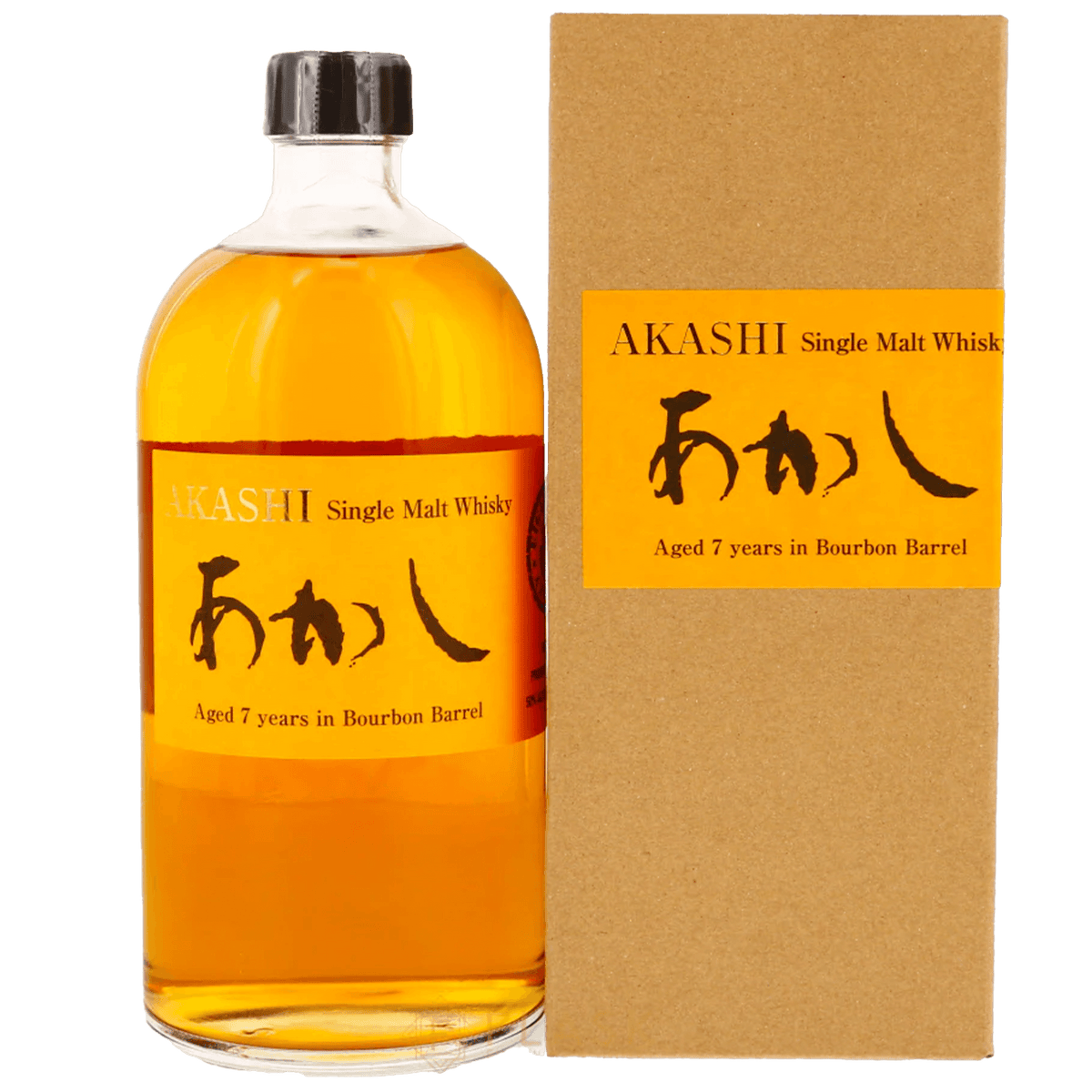 Akashi Single Malt Whisky aged 7 years in bourbon barrel, showcasing vibrant amber color and elegant packaging.