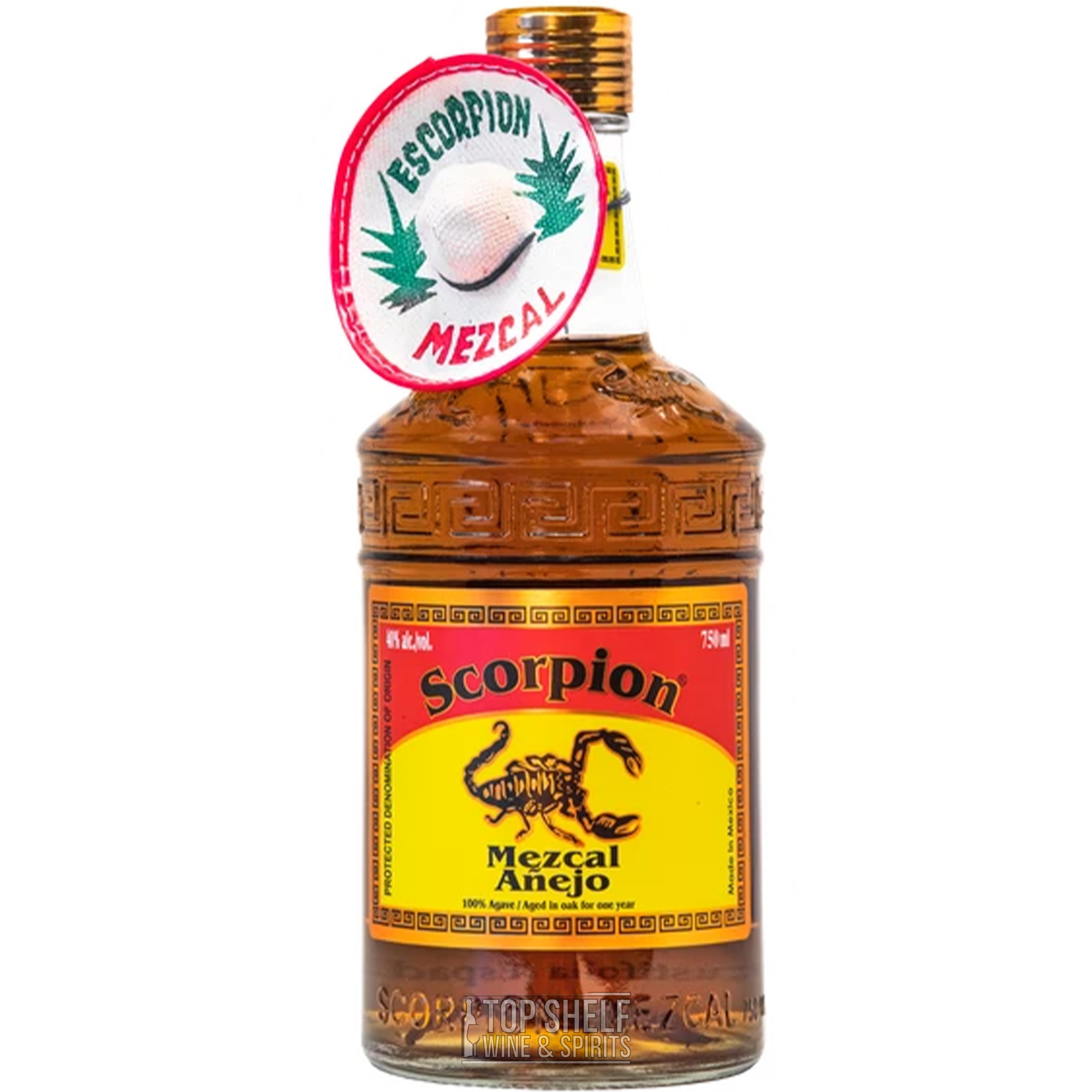 Scorpion Añejo Espadin Mezcal in a distinctive bottle with a sombrero, showcasing its premium quality from Oaxaca, Mexico.