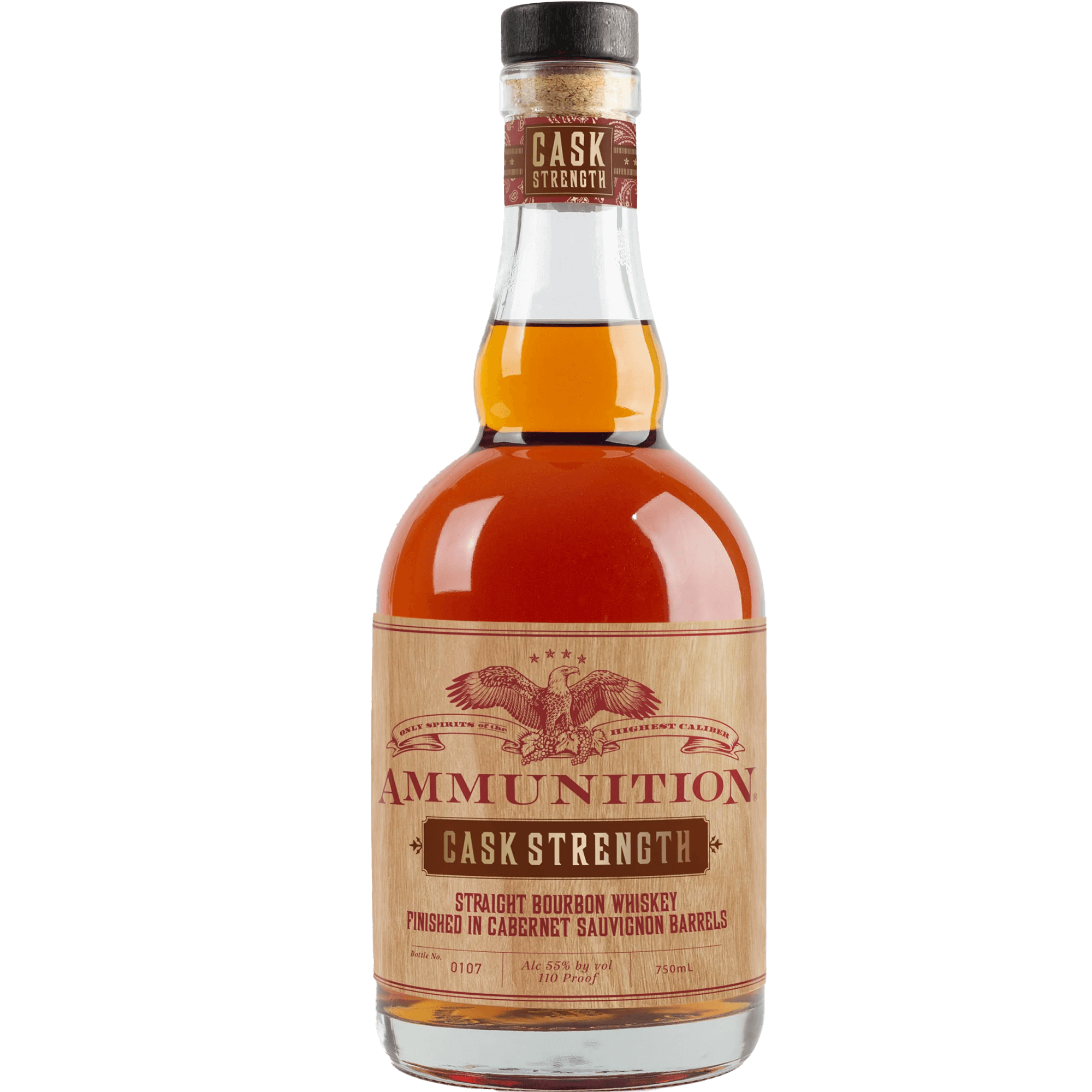 Ammunition Bourbon Cask Strength whiskey bottle, aged in Cabernet Sauvignon barrels, showcasing rich amber color.